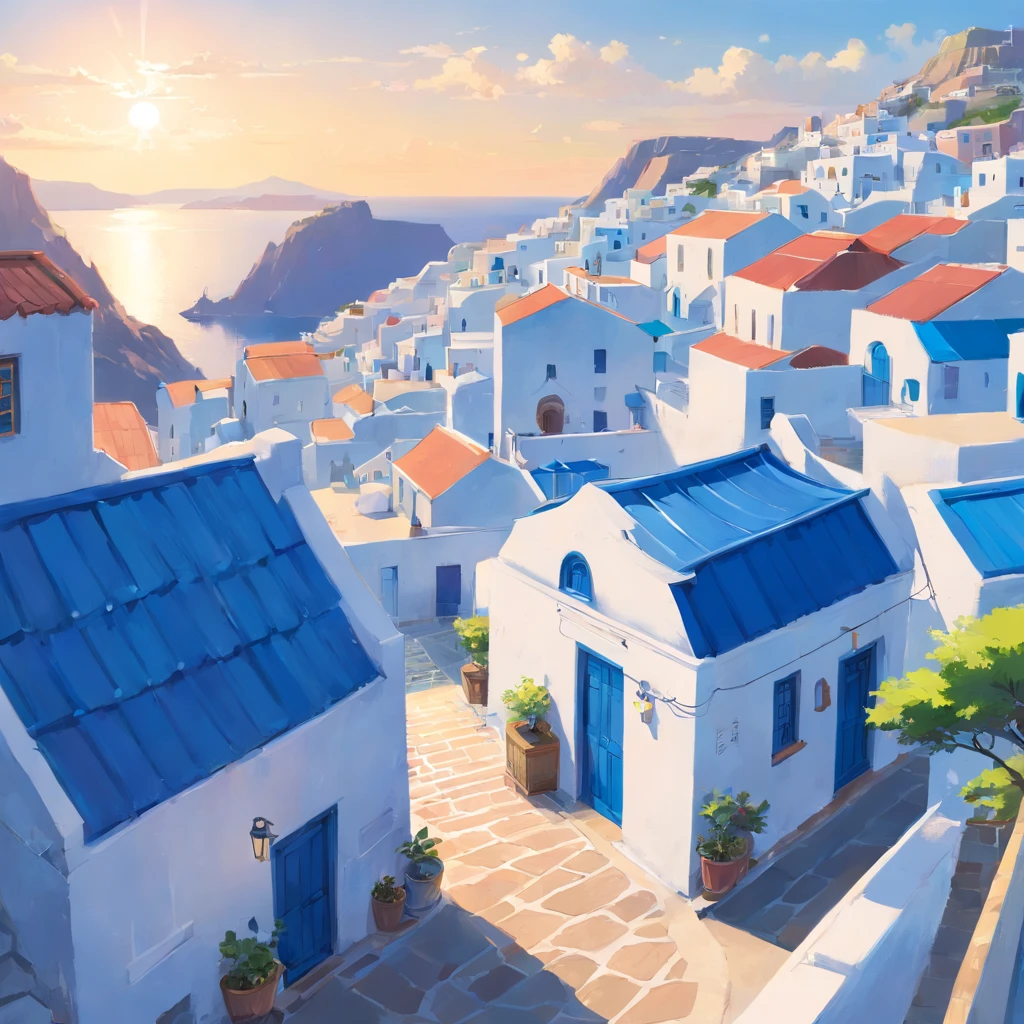 mesa, Mejor calidad,obra maestra, en Santorini, de primera calidad, Santorini, village at the beach, blue and white houses at the beach, marine port, (((only houses and builds with blue domed roofs and white walls))), town with a low density of houses, volcanoes on one side