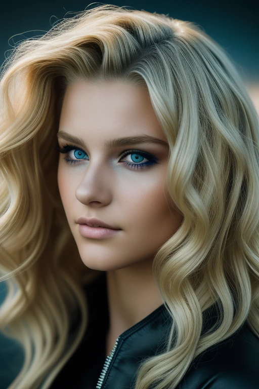 (masterpiece), science fiction, landscapes, (( a -yeld wo, blonde, wavy hair)),blue eyes, (high fade: 1.3), (golden eyes, makeup), curly hair, dark theme, soft tones, muted colors, high contrast, (natural skin texture, hyperrealism,