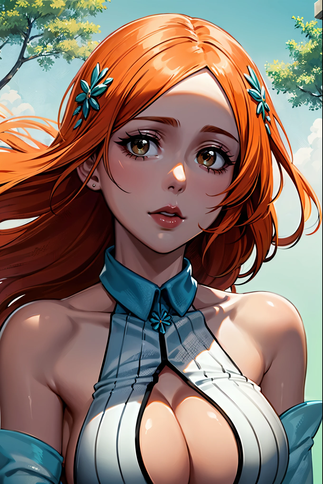 (masterpiece), best quality, expressive eyes, perfect face, looking at viewer, 1girl, solo, upper body, (medium close-up), brown eyes, orange hair, long hair, mouth shut, forest, fall, lake, sky, hair ornament, center opening, detached sleeves, Inouedress