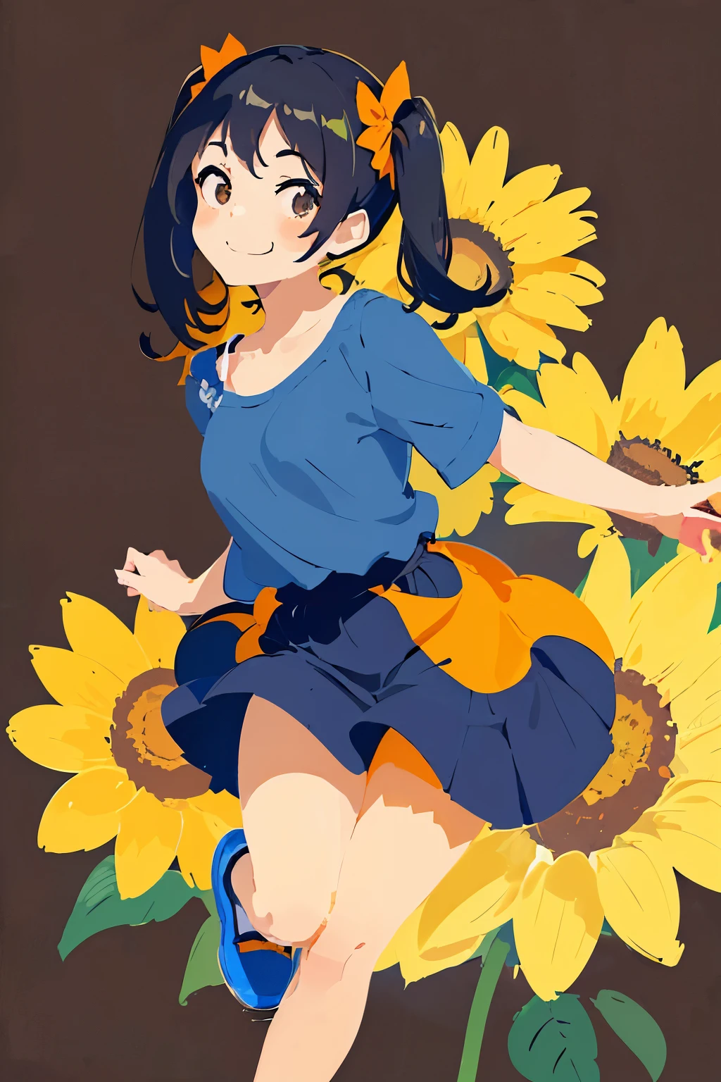 (cute girl,black hair,pigtails,blue bow,blue shirt with smiley face,skirt with shorts underneath,orange shoes,short,lovely smile,brown eyes),illustration,details of flowers in the background,butterflies,fine,smooth strokes,light-hearted,happy,colorful palette,sunlight shining on the girl,sparkling highlights,medium:1.3