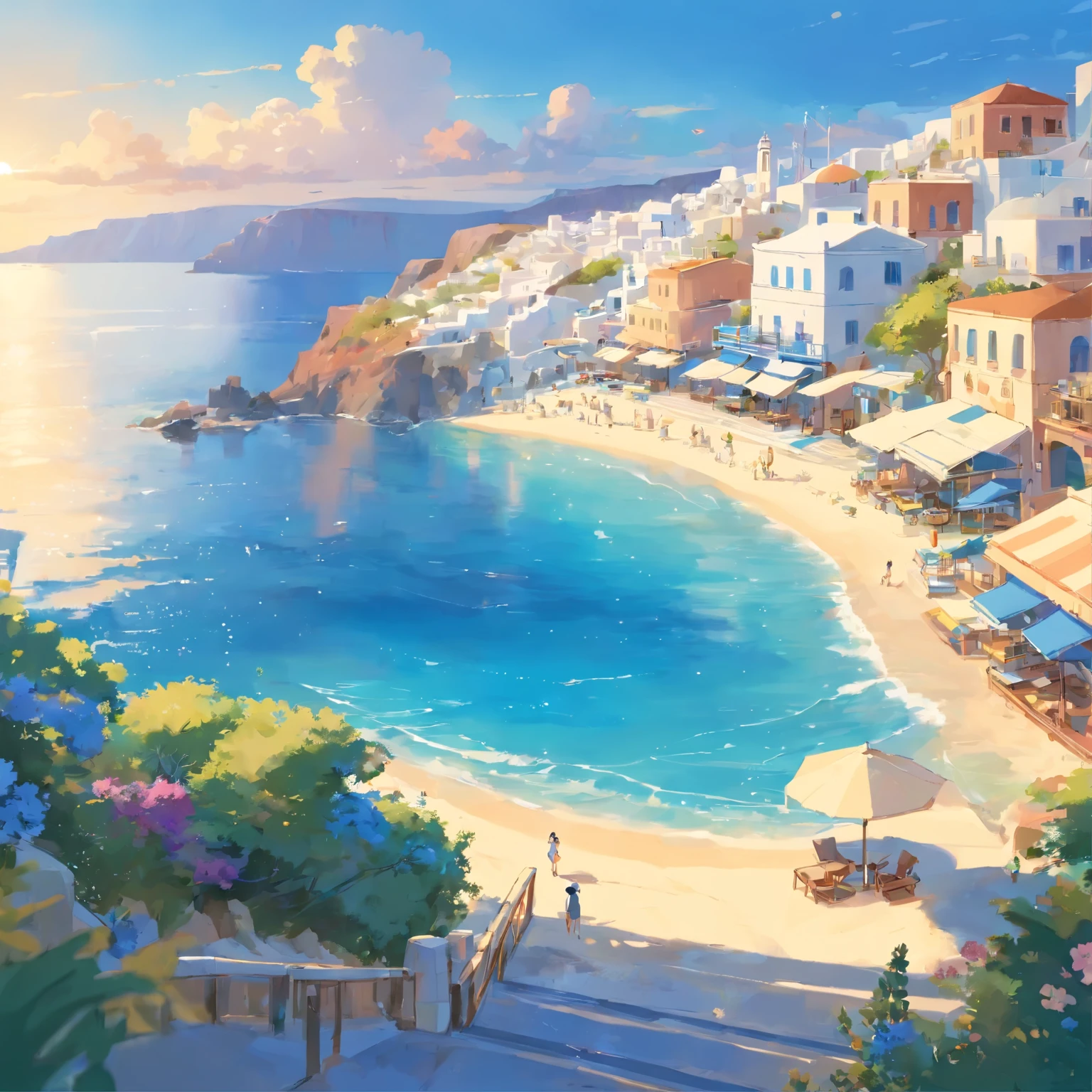mesa, Mejor calidad,masterpiece, en Santorini, de primera calidad, Fantasy panorama of Grecia, Santorini, Grecia,  village at the beach, blue and white houses at the beach, marine port