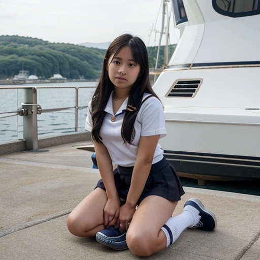 12 year old Asian girl in sailor uniform with short skirt, short socks and black shoes on a yacht