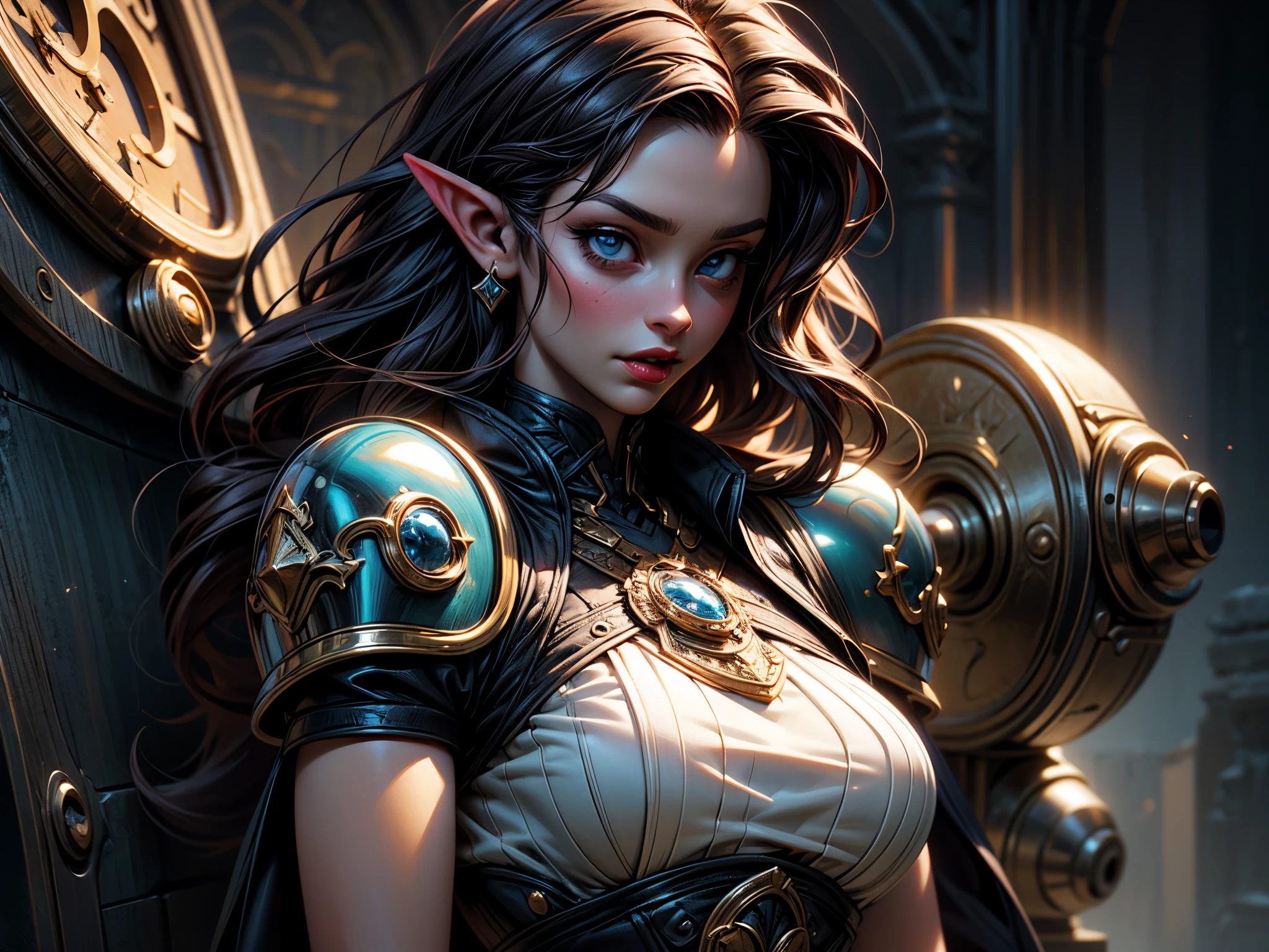 fantasy art, dnd art, RPG art, wide shot a picture of a shield (masterpiece, best quality, best details: 1.5) hanging on the wall, the shield is decorated with artful image of  beautiful female vampire elf, blood dripping, vampiric fangs, with a long curvy hair, light color hair, blue eyes, high details, best quality, 16k, [ultra detailed], masterpiece, best quality, (extremely detailed), close up, photorealistic, RAW, fantasy art, dnd art, fantasy art, realistic art,