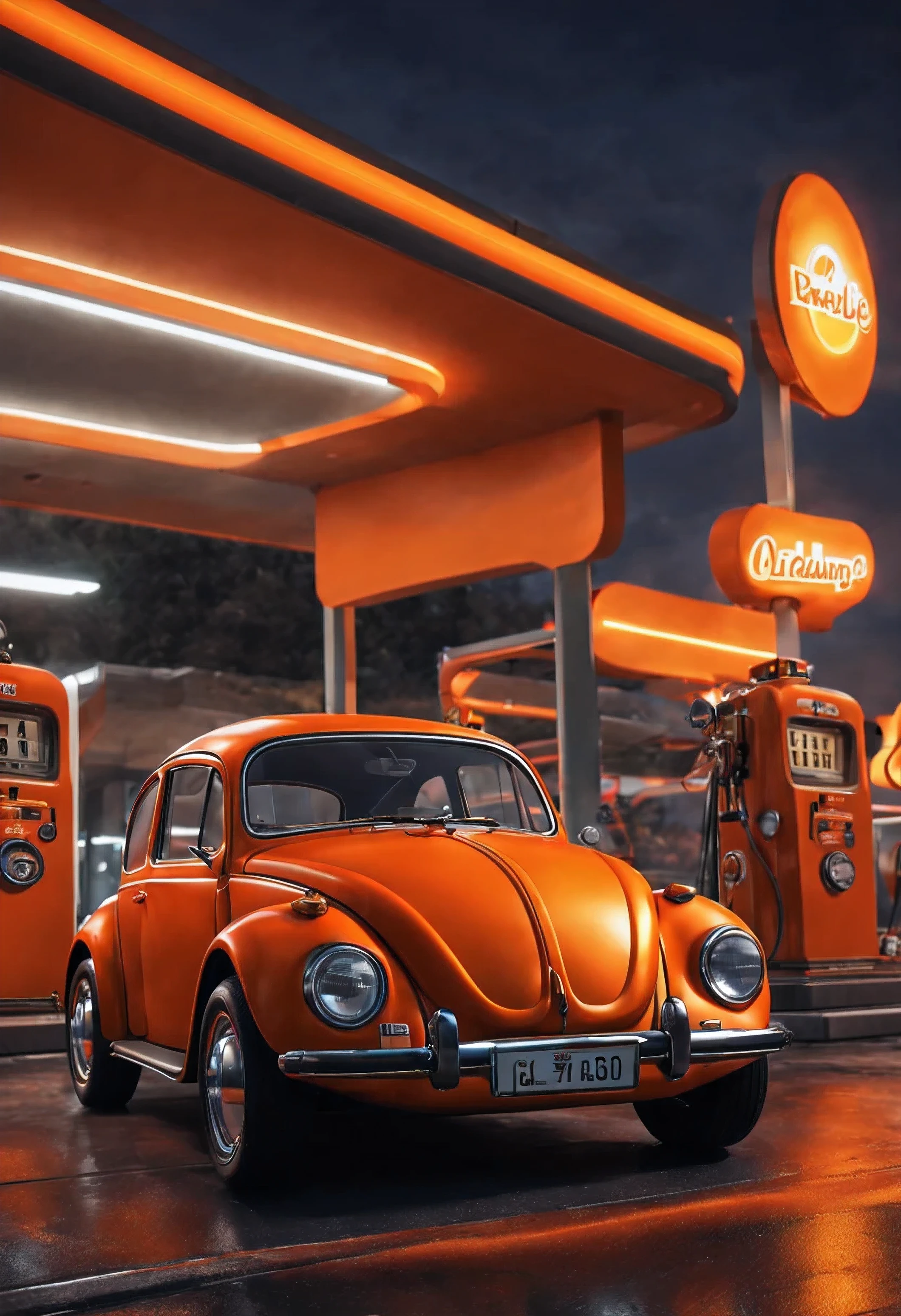 Crie um Fusca preto 1970 no fundo, a realistic orange gas station with LEDs and orange lighting, o Fusca deve ficar em primeiro plano com cores realistas e sem nenhum detalhe na pintura, em estado de novo, realistic image with high-resolution 8K reflections