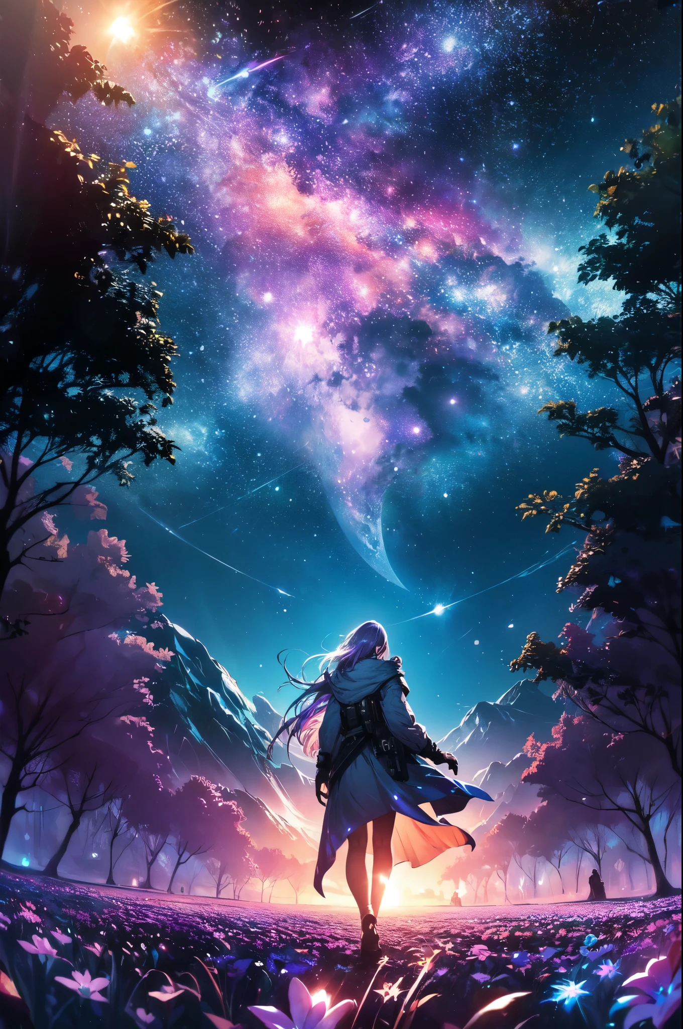 expansive landscape photograph , (a view from below that shows sky above and open field below), a girl standing on flower field looking up, (full moon:1.2), ( shooting stars:0.9), (nebula:1.3), distant mountain, tree BREAK production art, (warm light source:1.2), (Firefly:1.2), lamp, lot of purple and orange, intricate details, volumetric lighting, realism BREAK (masterpiece:1.2), (best quality), 4k, ultra-detailed, (dynamic composition:1.4), highly detailed, colorful details,( iridescent colors:1.2), (glowing lighting, atmospheric lighting), dreamy, magical, (solo:1.2), rosto da garota detalhado