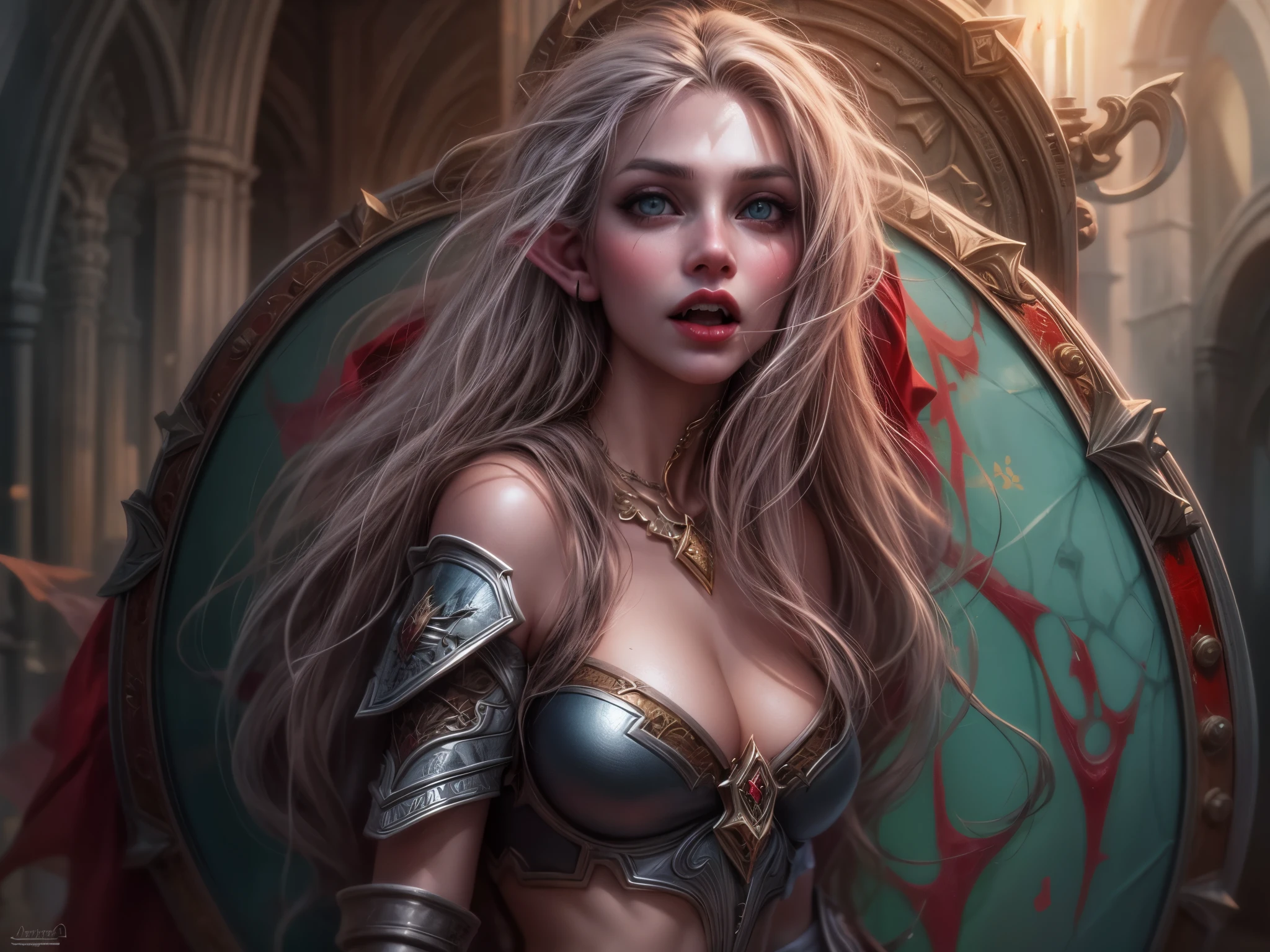 fantasy art, dnd art, RPG art, wide shot a picture of a shield (masterpiece, best quality, best details: 1.5) hanging on the wall, the shield is decorated with artful image of  beautiful female vampire elf, blood dripping, vampiric fangs, with a long curvy hair, light color hair, blue eyes, high details, best quality, 16k, [ultra detailed], masterpiece, best quality, (extremely detailed), close up, photorealistic, RAW, fantasy art, dnd art, fantasy art, realistic art,