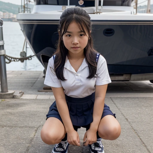  Asian girl in sailor uniform with short skirt, short socks and black shoes on a yacht