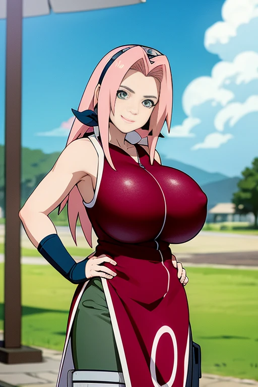 masterpiece, best quality, 1girl,haruno sakura, pink hair, long hair, green eyes,((huge breast)), forehead protector, smile, hands on hips, blue sky, cloud, hidden village,