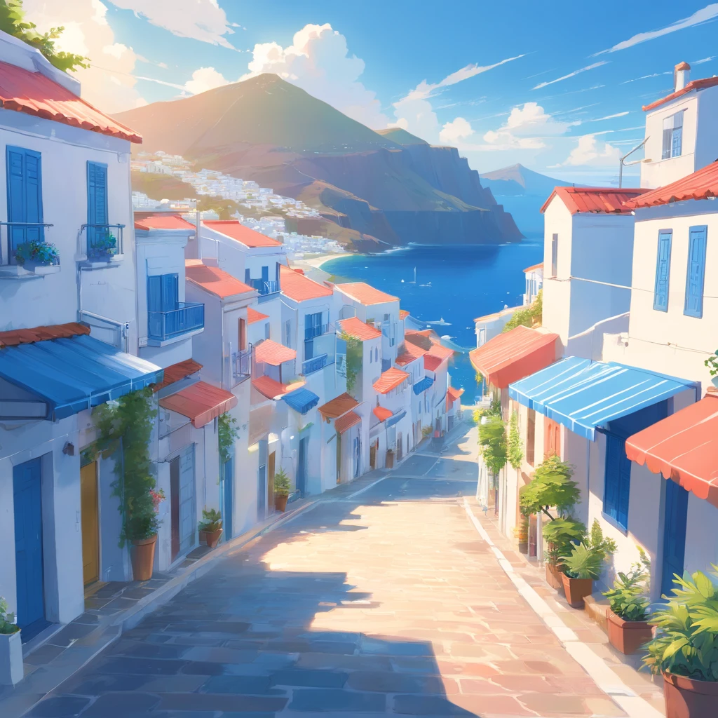 mesa, Mejor calidad,​obra maestra, en Santorini, village at the beach,  (((only houses and builds with blue domed roofs and white walls))), town with a low density of houses, (((coral barrier at the sea)))