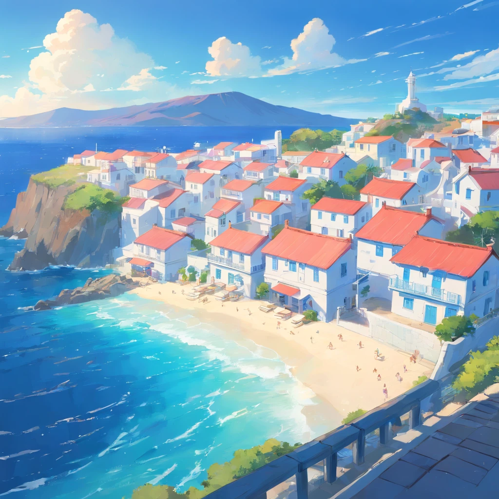 mesa, Mejor calidad,​obra maestra, en Santorini, village at the beach,  (((only houses and builds with blue domed roofs and white walls))), town with a low density of houses, (((coral barrier at the sea)))