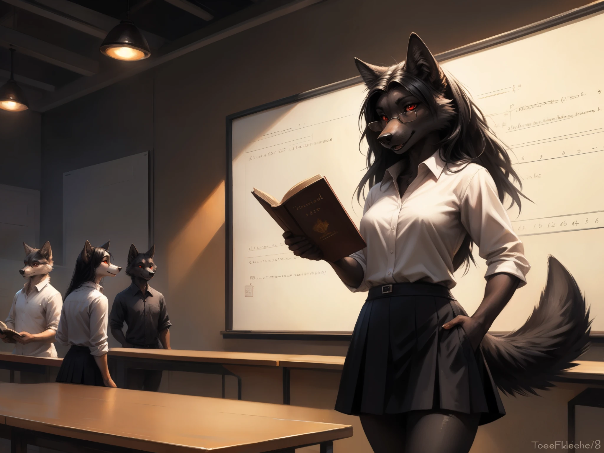by kenket, by totesfleisch8, (by thebigslick, by silverfox5213:0.8), (by syuro:0.2), a dark grey wolf, female, red eyes, white sclera, nlack wolf ears, long black hair, straight black bangs, cute snout, black nose, black wolf tail, wearing white button up shirt, black skirt, black leggings, elegant glasses, serious expression, (mouth open):1.3, standing in front of a white board, advanced theoretical physics calculations on the white board, in a big open auditorium with a bunch of students in the audience, holding a book