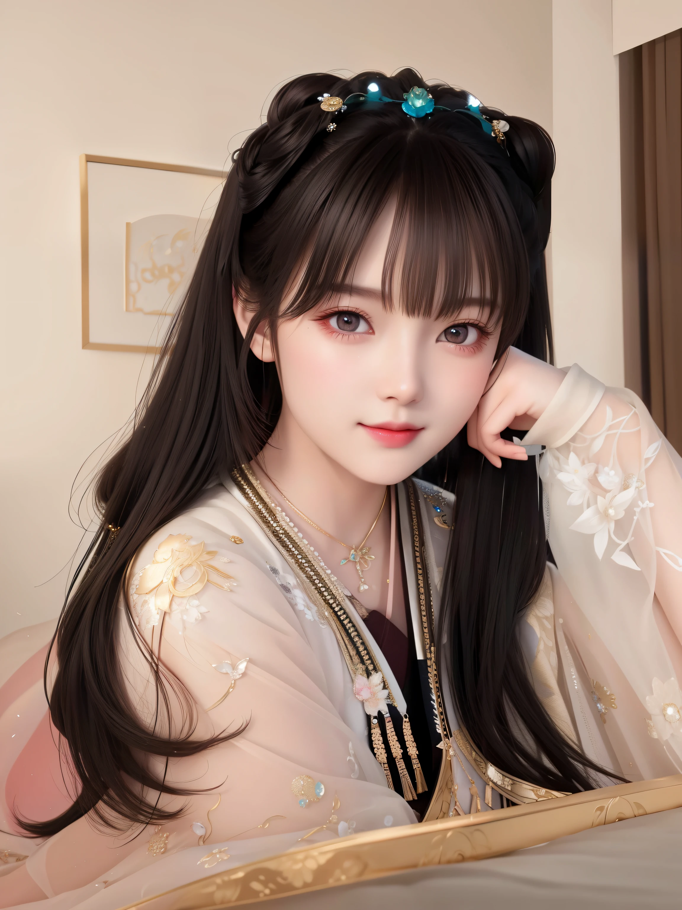 best quality, masterpiece, highres, 1girl,blush,(seductive smile:0.8),star-shaped pupils,sexy china hanfu, princess, very luxury, hair ornament,necklace, jewelry,Beautiful face,upon_body, tyndall effect,photorealistic, dark studio, rim lighting, two tone lighting,(high detailed skin:1.2), 8k uhd, dslr, soft lighting, high quality, volumetric lighting, candid, Photograph, high resolution, 4k, 8k, Bokeh