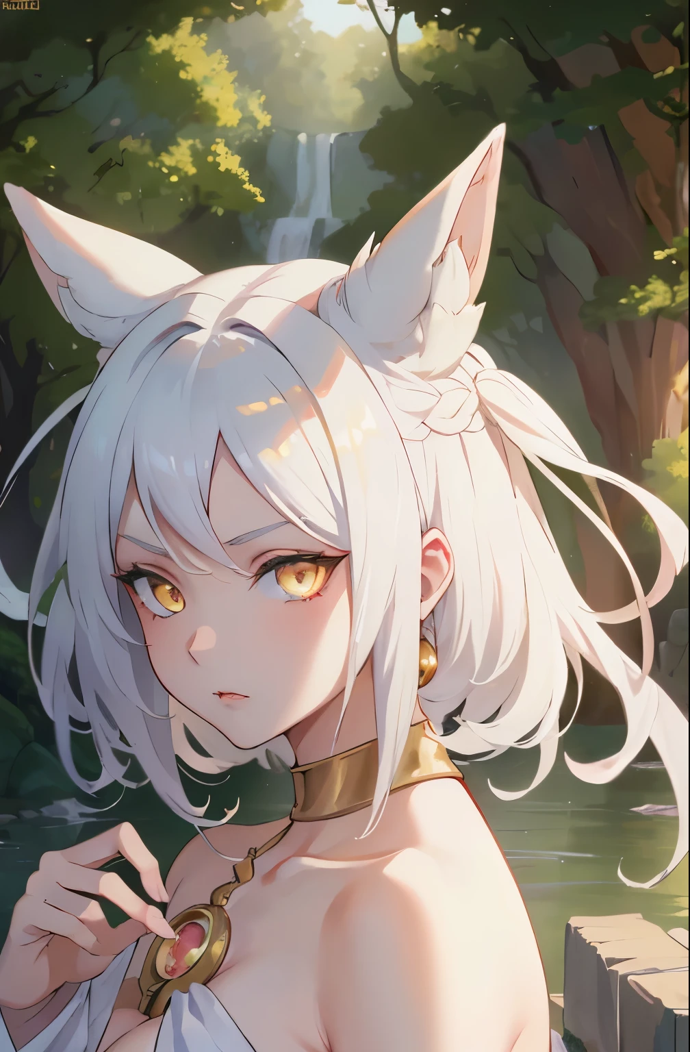 1girl,  white hair, yellow eyes,   portrait, realistic, towel, (onsen), sidelighting, wallpaper, nsfw, white hair, yellow eyes,  (animal ears|red horn:0.85),navel,(masterpiece,best quality:1.5),fiction art, RAW photo, best photo, best photo quality, 8k quality, 8k ultra, fair skin, (bright eyes), detailed eyes, beautiful hair, magical light, (masterpiece,best quality:1.5), soft lighting,gorgeous light and shadow ,sunny