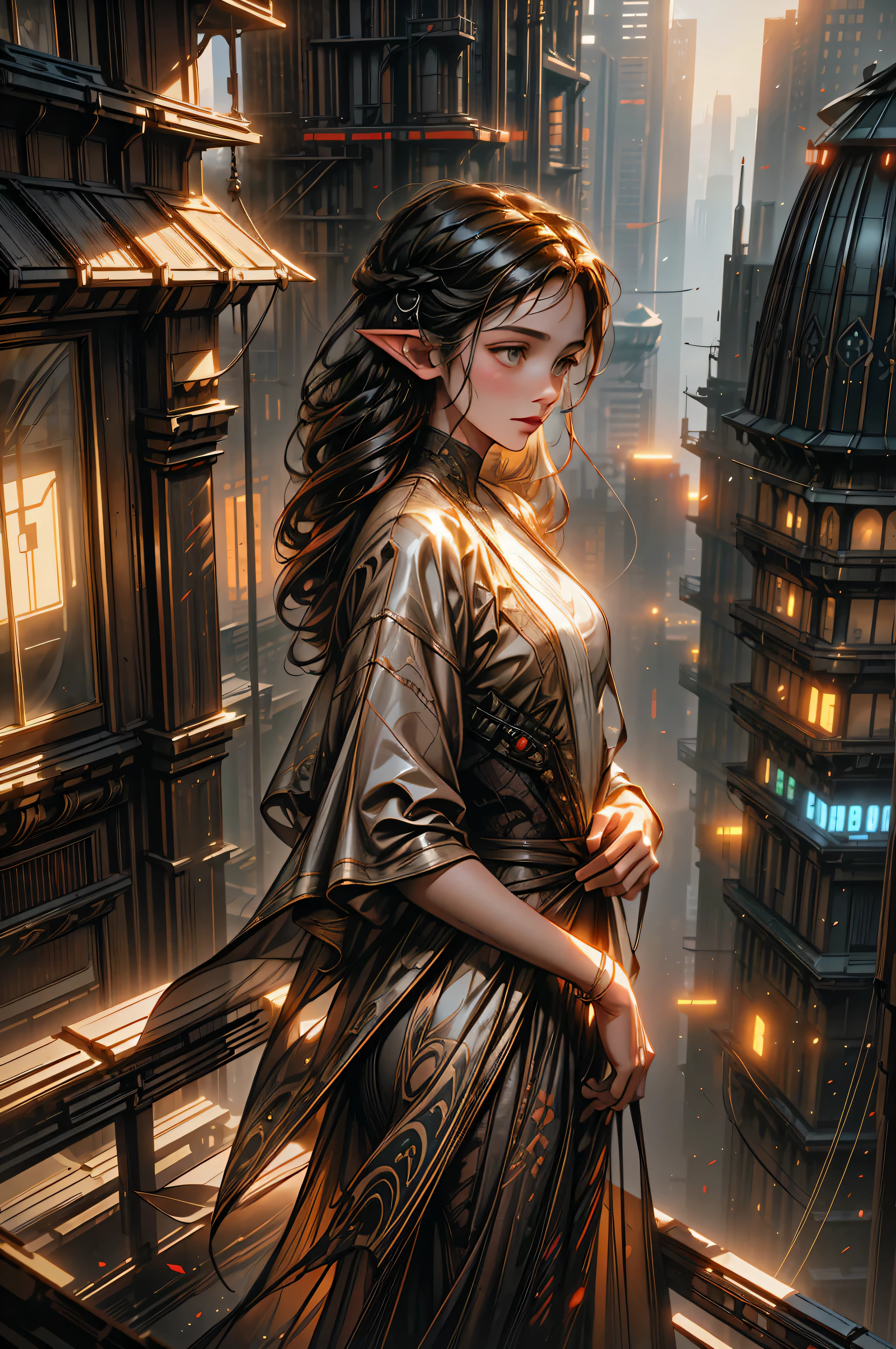 elf girl, abstract colors, texture, film grain, skin pores:0.1 intricate dramatic portrait of a beautiful windblown scifi scientist standing on a balcony overlooking a futuristic (solarpunk)1.2 city, foggy morning, cinematic movie still frame, blade runner 2049, punk hair style, altered carbon, (analog style)1.3 (film grain)1.3, stephan martiniere Wadim Kashin Simon Stalenhag michal karcz ismail inceoglu