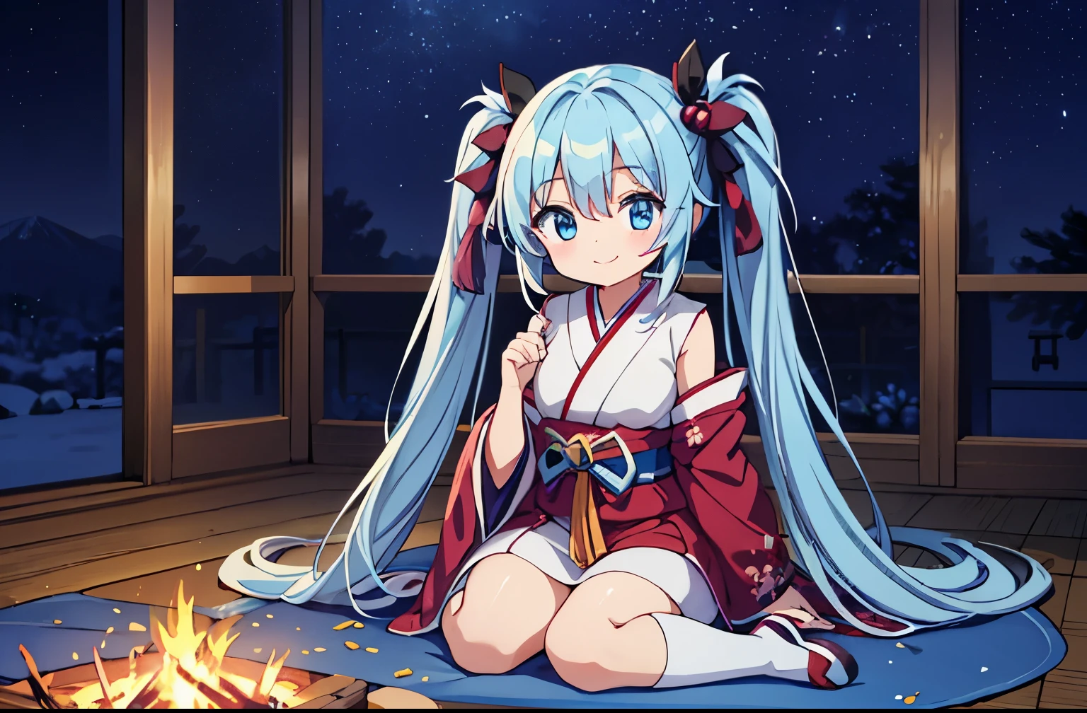 light blue long hair　Beautiful girl with twin tails　adorable smile　Cute costumes　A bonfire is lit in a large, large enclosure on the floor.　sitting on the floor　Japanese winter landscape