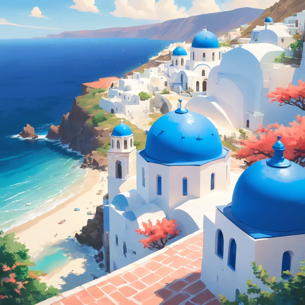 mesa, Mejor calidad,​obra maestra, en Santorini, village at the beach,  (((only houses and builds with blue domed roofs and white walls))), town with a low density of houses, (((coral barrier at the sea)))
