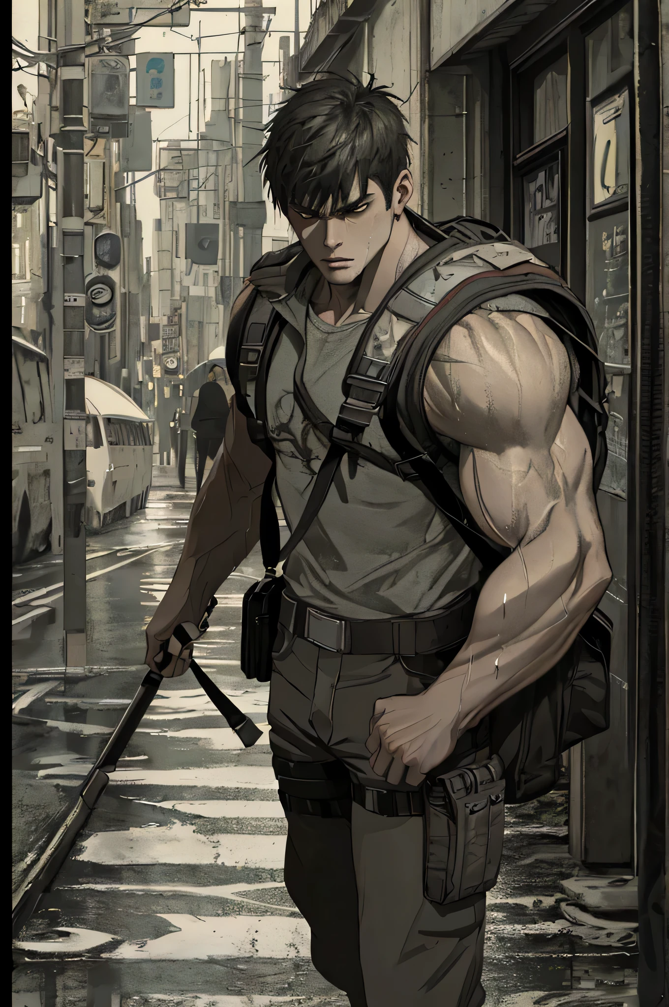 strong muscular man, Street Angry, Backpack, spectacular realistic, photograph, faded, complex surroundings, complex background, soaking wet, neutral color, ((((HDR)))), ((((calm colors)))), complex scenes, art station, intricate details, vignette
