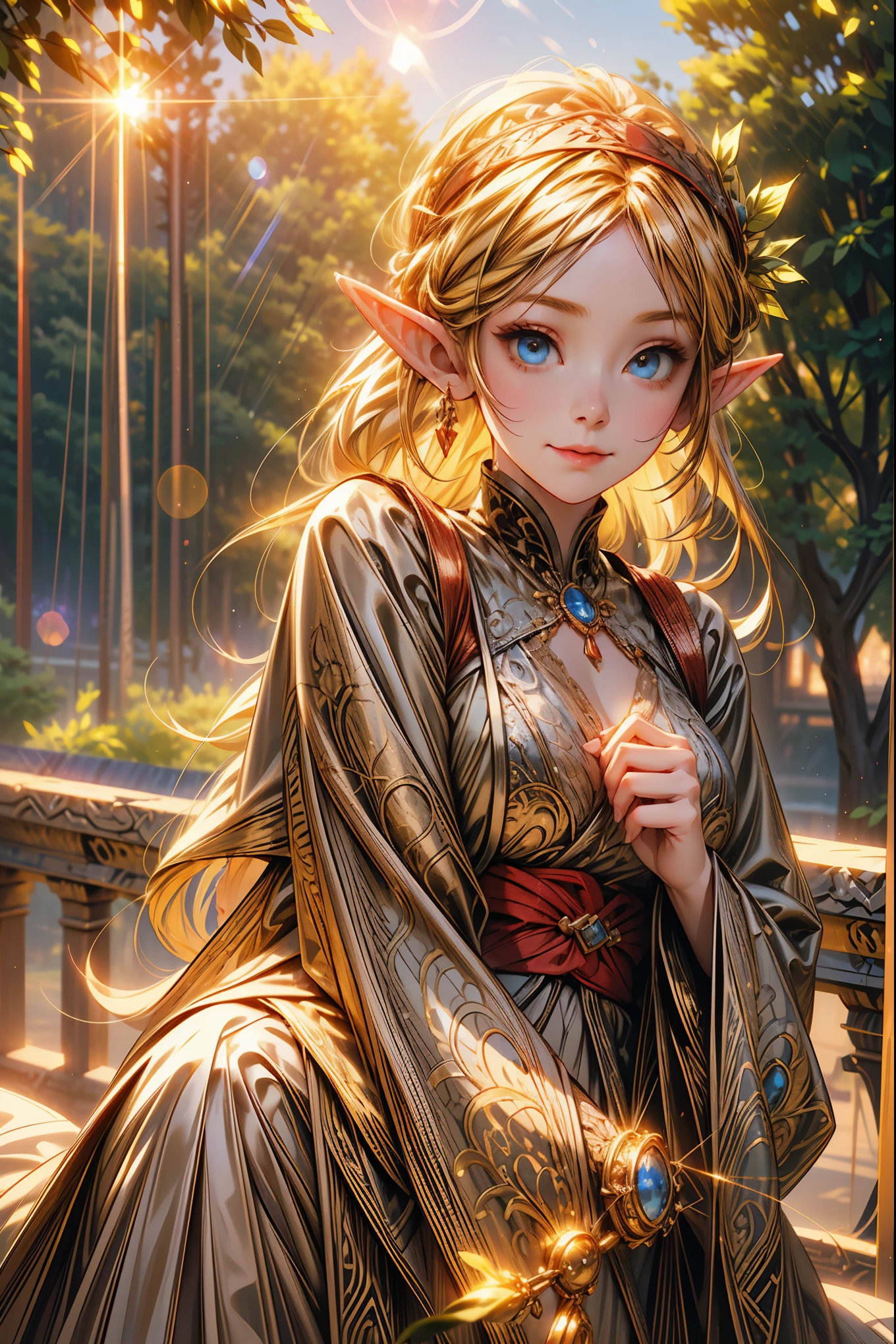 elf girl, masterpiece, best quality, best quality, (Intricate detailed:1.2), beautiful eyes, 1girl, solo, outdoors, blue sky, cloudy, bokeh, lens flare, anamorphic lens flare, depth of field, seductive face, seductive smile, heanna_sumire, yellow hair, red headband, 