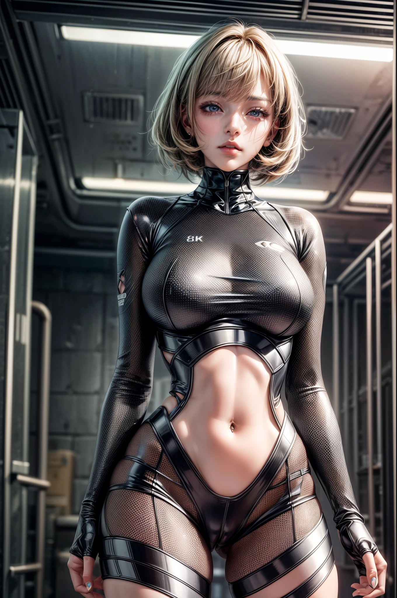 delicate face, 20-year-old kpop idol cyborg girl, dark(carbon fiber high leg cut leotard), Chest opening, {{angled bob}}, (big breasts:1.25), (mechanical joint), bangs, attractive curves, mid pelvis, seaside, standing posture, beach, glowing skin, ((puffyareolas)), (standing), dynamic pose, spread legs, (camel toe, cameltoe, vulvashaped:1.275), cyberpunk, sci-fi, (upper body:1.275), (8k, RAW photo, best quality, masterpiece: 1.47), (nsfw:1.275)