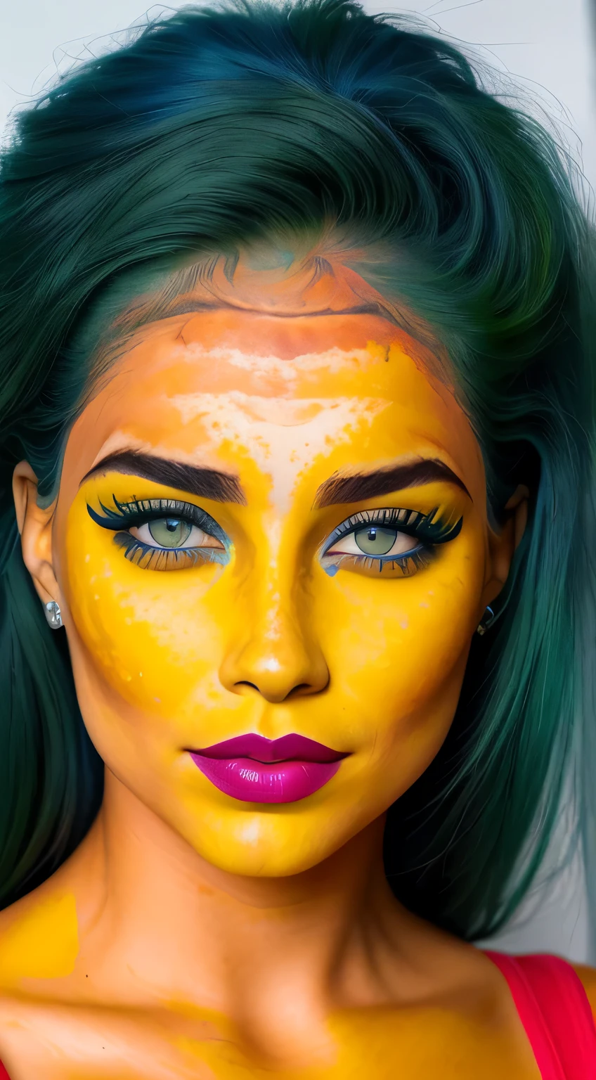hermosa dama rusa, pecas, Maquillaje brillante con purpurina, (piel roja y azul y amarilla y verde y vitiligo: 1.5), Pechos sexys perfectos, hyperdetailed photography, Luz tenue, Retrato de cabeza y pecho, cubrir,, Mejor calidad, (cara hermosa detallada, detalle de la textura de la piel, cuerpo ultra detallado:1.1)