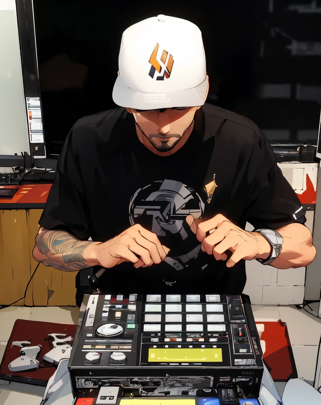 sharp man in a white hat is holding a controller and a laptop, turntablism DJ scratching, mid riff, DJ set, tocando techno house music, tredning on art station, DJ, parece Jerma985, tending on art station, Hip Hop, HIP - HOP, Mpc, estilo hip hop, mac miller, rap