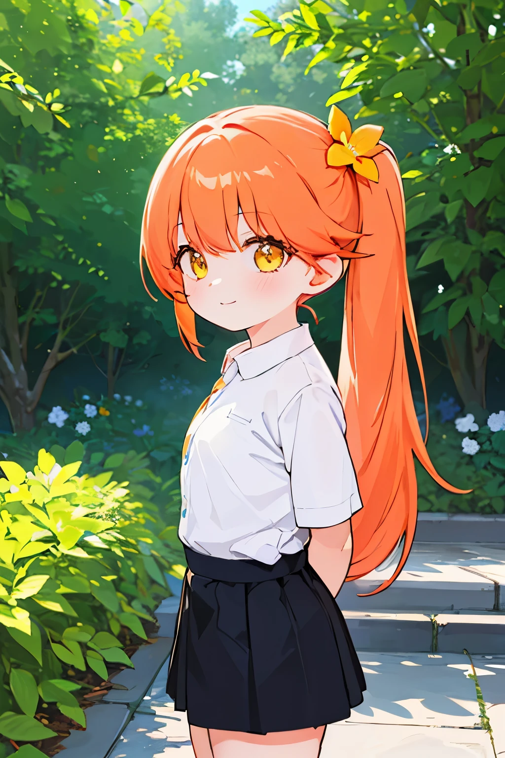 (high quality, High resolution:1.3), 4K, masterpiece, detailed background, garden, outdoor, 
break
 1 girl, alone, (:1.2), white shirt, skirt, black skirt, thighs, Upper body, Are standing, long hair, side ponytail, orange hair, hair ornaments, yellow eyes, small breasts, looking at the viewer, light smile, turn your arms behind your back, 