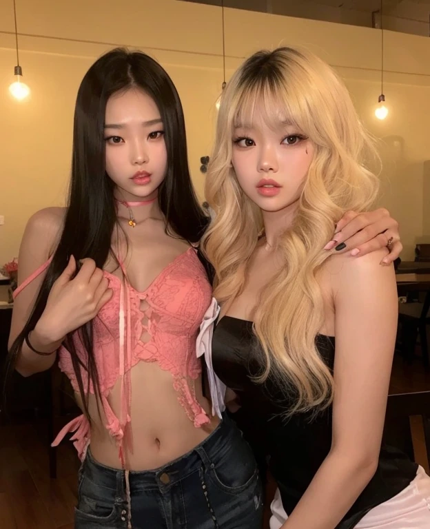 Pretty Asian girls Jennie Kim in Black hair and Lalisa Manoban in Blonde hair