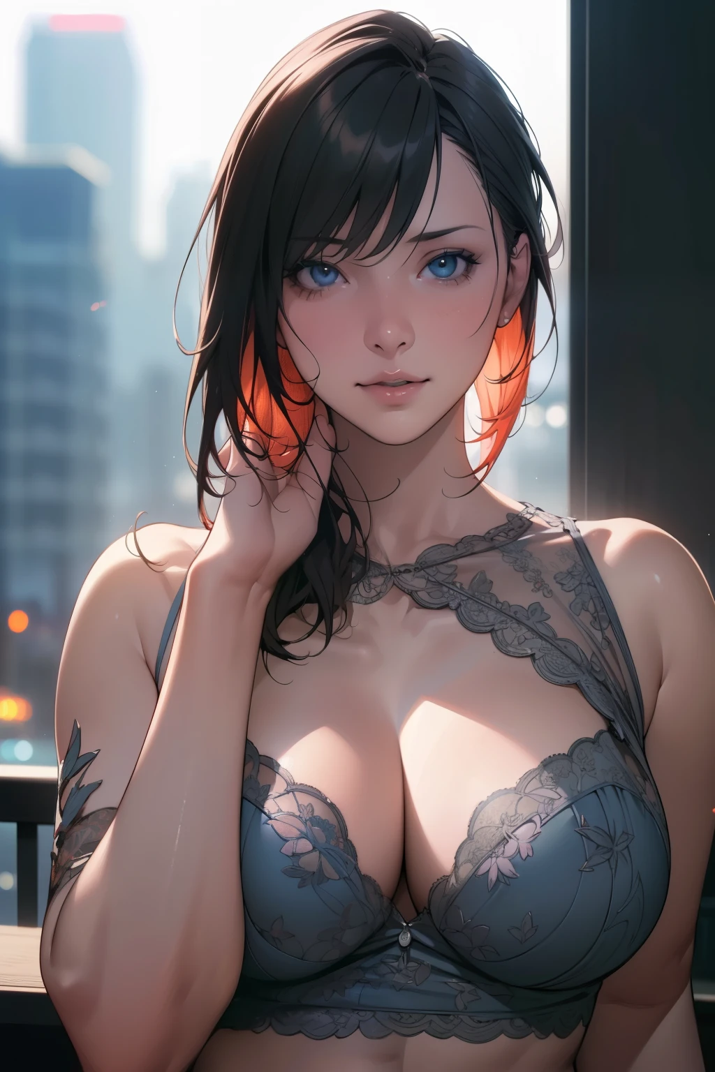 (a girl in casual clothing),medium-sized breasts,cleavage,cityscape,smirking expression,(extremely detailed),perfectly detailed face,detailed hands,photorealistic image,(best quality,4k,8k,highres,masterpiece:1.2),ultra-detailed,(realistic,photorealistic,photo-realistic:1.37),HDR,UHD,studio lighting,ultra-fine painting,sharp focus,physically-based rendering,extreme detail description,professional,vivid colors,bokeh,portraits,landscape,horror,anime,sci-fi,photography,concept artists,(colorful tones),natural lighting.