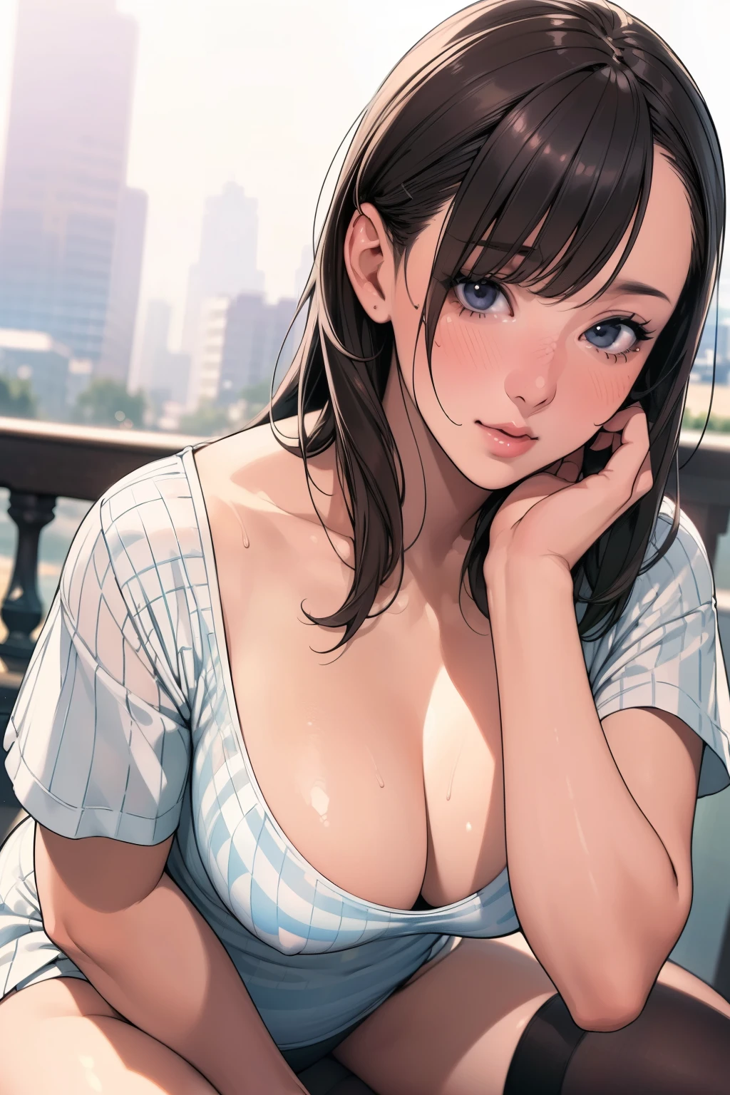 A girl wearing summer clothes, a white tight checkered dress, black stockings or long socks, an expression that makes you want to kiss, a view from the viewer's perspective, medium-sized breasts, cleavage, cityscape, a frivolous expression, (extremely detailed), (perfectly detailed face), (detailed hands) realistic image, (best quality, 4k, 8k, highres, masterpiece: 1.2), ultra-detailed, (realistic, photorealistic, photo-realistic: 1.37), HDR, UHD, studio lighting, ultra-fine painting, sharp focus, physically-based rendering, extreme detail description, professional, vivid colors, bokeh, portraits, summer clothing.