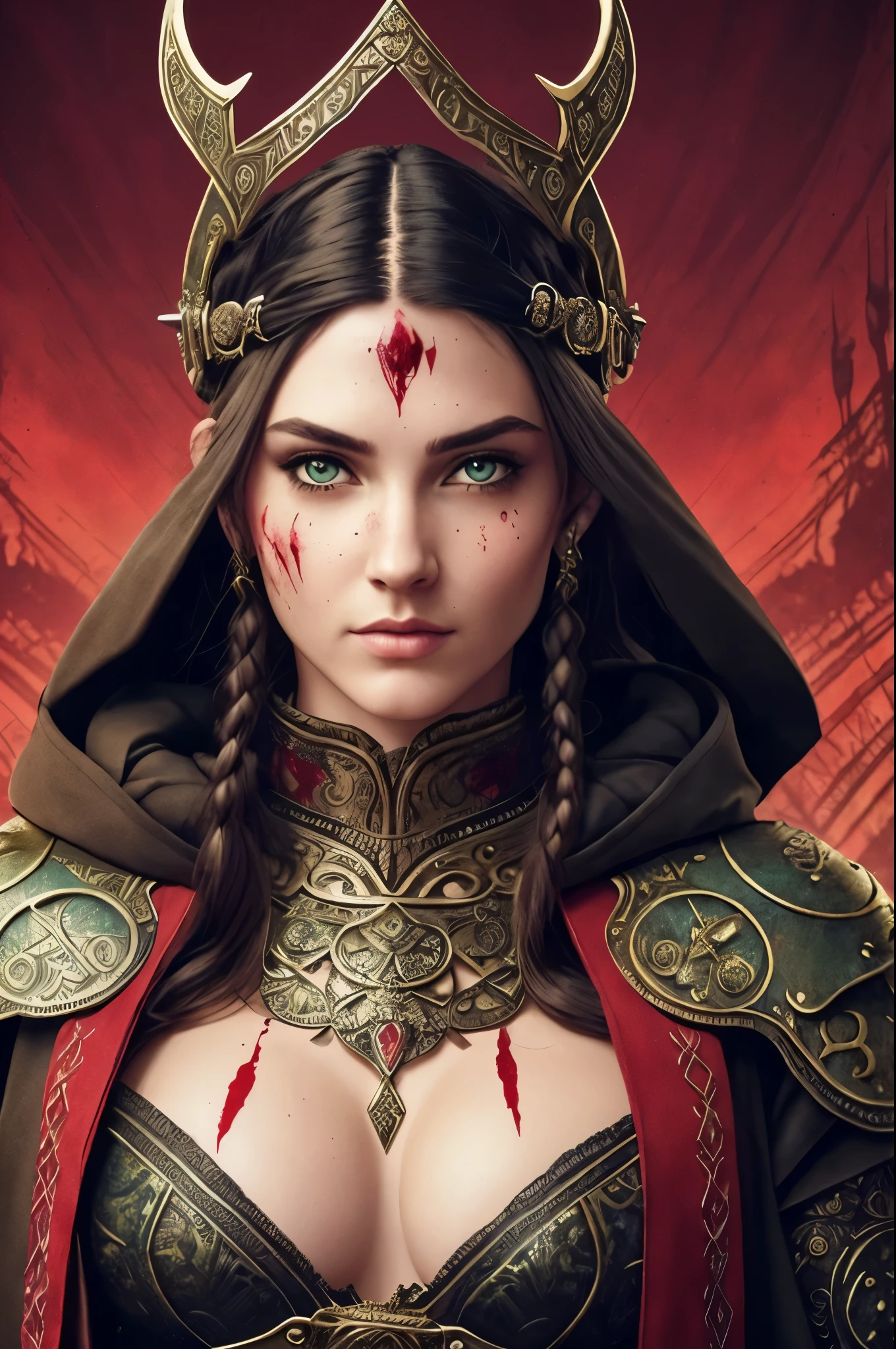 A Viking warrior girl, (tall and muscular:1.2), clad in intricately designed armor, (steampunk elements:1.1), adorned with intricate tattoos, (blood stains:1.3), stands proudly against a backdrop of an emerald forest. Her perfect face is a masterpiece, (best quality:1.1), with piercing blue eyes, (detailed features:1.2), rosy cheeks, and full lips that curve into a fierce, resolute smile. Her black hair, styled in intricate braids, contrasts sharply with her red cloak, and her piercing gaze commands respect and awe. ((masterpiece