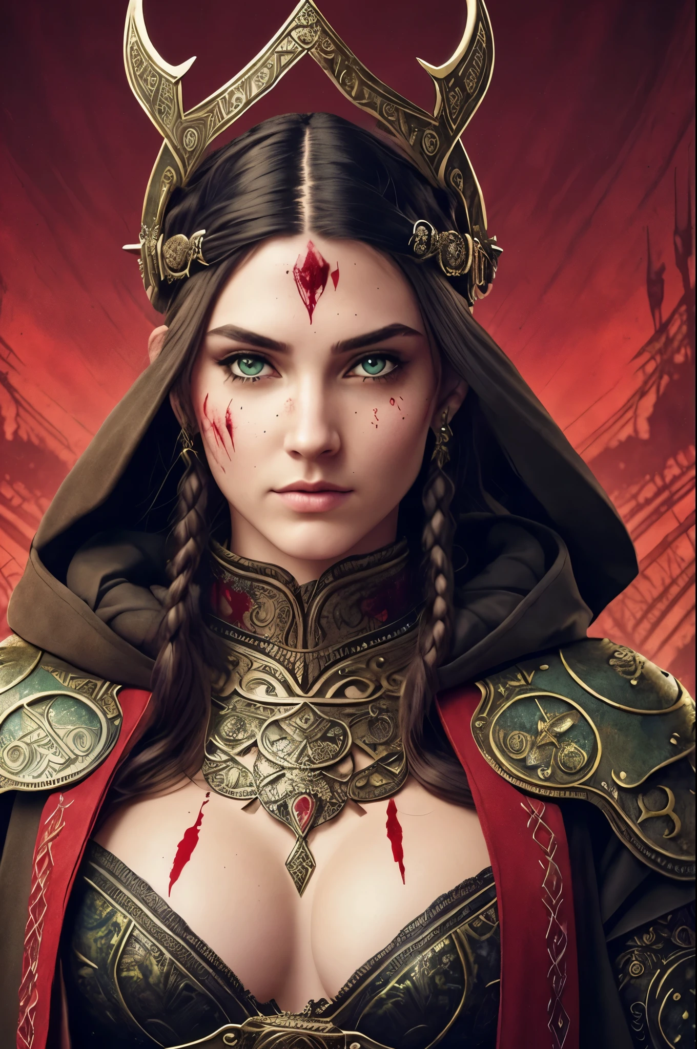 A Viking warrior girl, (tall and muscular:1.2), clad in intricately designed armor, (steampunk elements:1.1), adorned with intricate tattoos, (blood stains:1.3), stands proudly against a backdrop of an emerald forest. Her perfect face is a masterpiece, (best quality:1.1), with piercing blue eyes, (detailed features:1.2), rosy cheeks, and full lips that curve into a fierce, resolute smile. Her black hair, styled in intricate braids, contrasts sharply with her red cloak, and her piercing gaze commands respect and awe. ((masterpiece