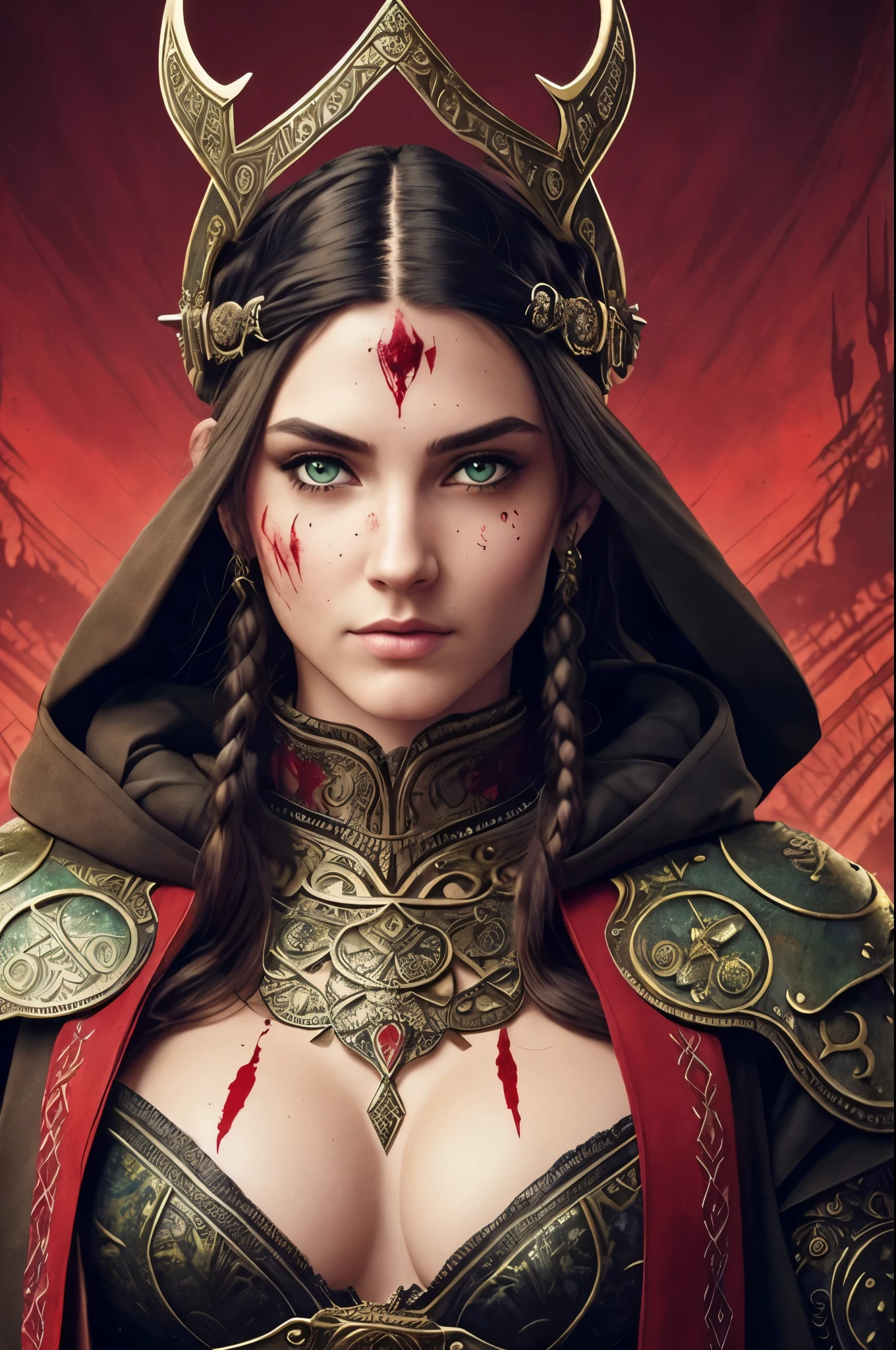 A Viking warrior girl, (tall and muscular:1.2), clad in intricately designed armor, (steampunk elements:1.1), adorned with intricate tattoos, (blood stains:1.3), stands proudly against a backdrop of an emerald forest. Her perfect face is a masterpiece, (best quality:1.1), with piercing blue eyes, (detailed features:1.2), rosy cheeks, and full lips that curve into a fierce, resolute smile. Her black hair, styled in intricate braids, contrasts sharply with her red cloak, and her piercing gaze commands respect and awe. ((masterpiece