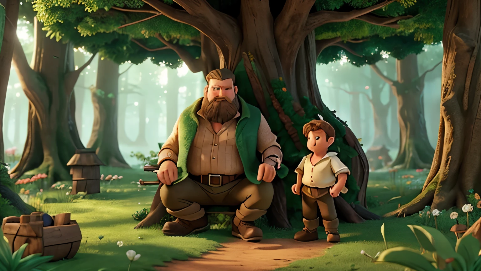 Create a fairy and giant man in an enchanted forest