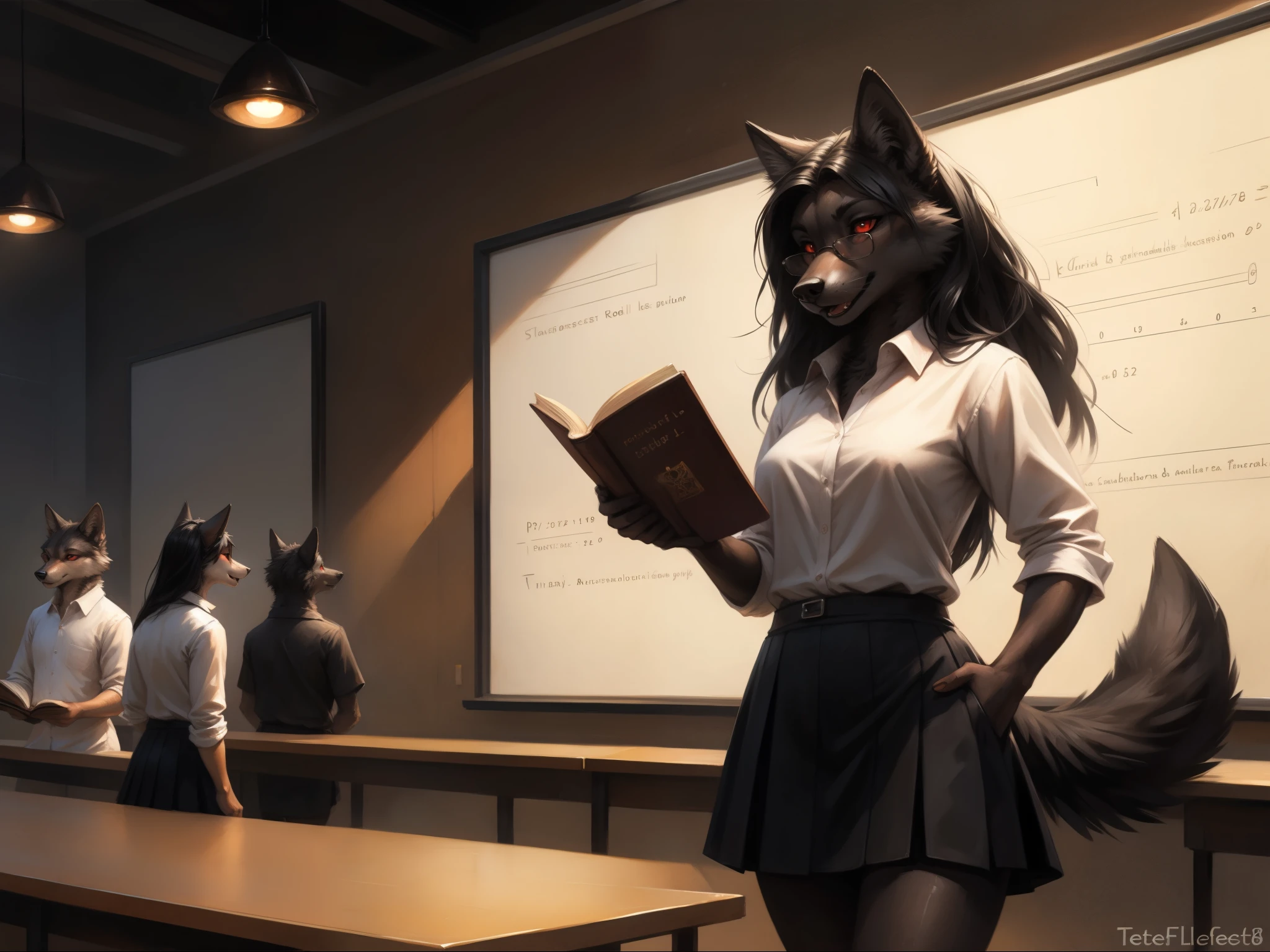 by kenket, by totesfleisch8, (by thebigslick, by silverfox5213:0.8), (by syuro:0.2), a dark grey wolf, female, red eyes, white sclera, nlack wolf ears, long black hair, straight black bangs, cute snout, black nose, black wolf tail, wearing white button up shirt, black skirt, black leggings, elegant glasses, serious expression, (mouth open):1.3, standing in front of a white board, advanced theoretical physics calculations on the white board, in a big open auditorium with a bunch of students in the audience, holding a book