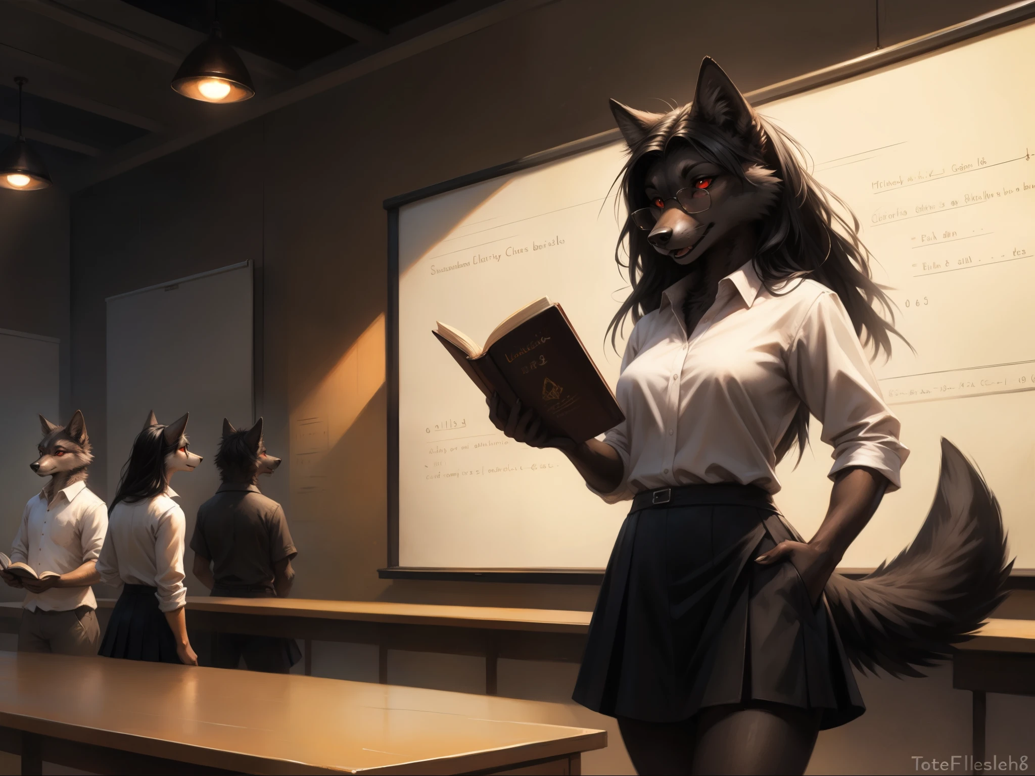 by kenket, by totesfleisch8, (by thebigslick, by silverfox5213:0.8), (by syuro:0.2), a dark grey wolf, female, red eyes, white sclera, nlack wolf ears, long black hair, straight black bangs, cute snout, black nose, black wolf tail, wearing white button up shirt, black skirt, black leggings, elegant glasses, serious expression, (mouth open):1.3, standing in front of a white board, advanced theoretical physics calculations on the white board, in a big open auditorium with a bunch of students in the audience, holding a book