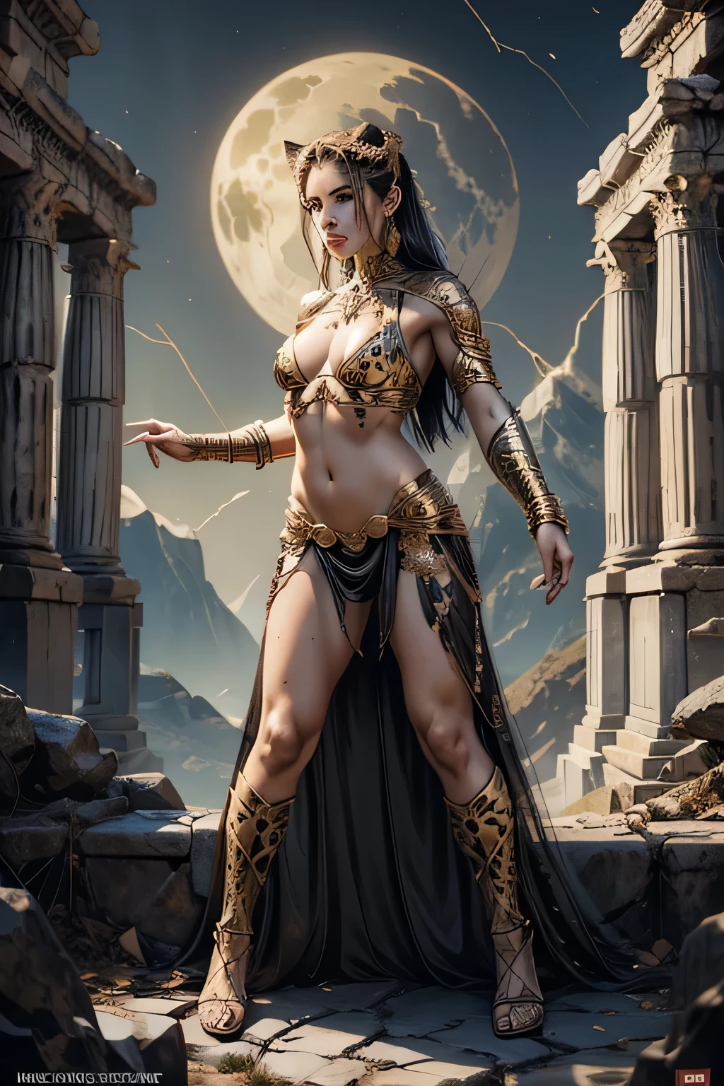 beautiful sexy and seductive girl full body black leopard, sf, intricate art masterpiece, sinister, matte painting movie poster, golden ratio, trending on cgsociety, intricate, epic, trending on artstation, by artgerm, h. r. giger and beksinski, highly detailed, vibrant, cinematic character rendering production, ultra high quality model, full body, two black leopard with golden spots, naked girl with leopard skin in arms, golden eyes, black hair fused with gold, very long hair down to the ground, interior of ancient Greek temple, Greek columns, temple absorbed by jungle, night light, full moon, sky with dark clouds and light rain, lightning, girl focused on scene, looking straight ahead, perfect body, slight smile, visible vagina, bald vagina, small breasts, beautiful breasts, leopard spot tattoos,