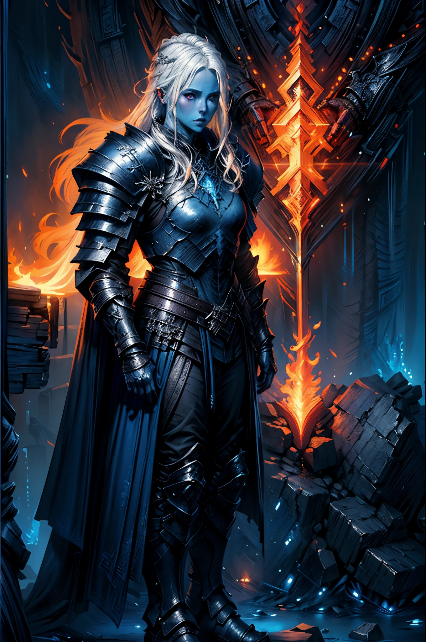 fantasy art, dnd art, RPG art, wide shot, (masterpiece: 1.4) portrait, intense details, highly detailed, photorealistic, best quality, highres, portrait a vedalken female (fantasy art, Masterpiece, best quality: 1.3) ((blue skin: 1.5)), intense details facial details, exquisite beauty, (fantasy art, Masterpiece, best quality) cleric, (blue colored skin: 1.5) 1person blue_skin, blue skinned female, (white hair: 1.3), long hair, intense purple eye, fantasy art, Masterpiece, best quality) armed a fiery sword red fire, wearing heavy (white: 1.3) half plate mail armor, white armor, wearing high heeled laced boots, wearing an(orange :1.3) cloak, wearing glowing holy symbol GlowingRunes_yellow, within fantasy temple background, reflection light, high details, best quality, 16k, [ultra detailed], masterpiece, best quality, (extremely detailed), close up, ultra wide shot, photorealistic, RAW, fantasy art, dnd art, fantasy art, realistic art,((best quality)), ((masterpiece)), (detailed), perfect face