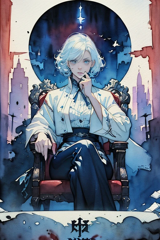 (Movie Poster Style:1.5), (Cinematic poster:1.5), (ink and watercolor painting:1.5), evil white queen with blue eyes, sitting on the throne, beautiful face but evil
