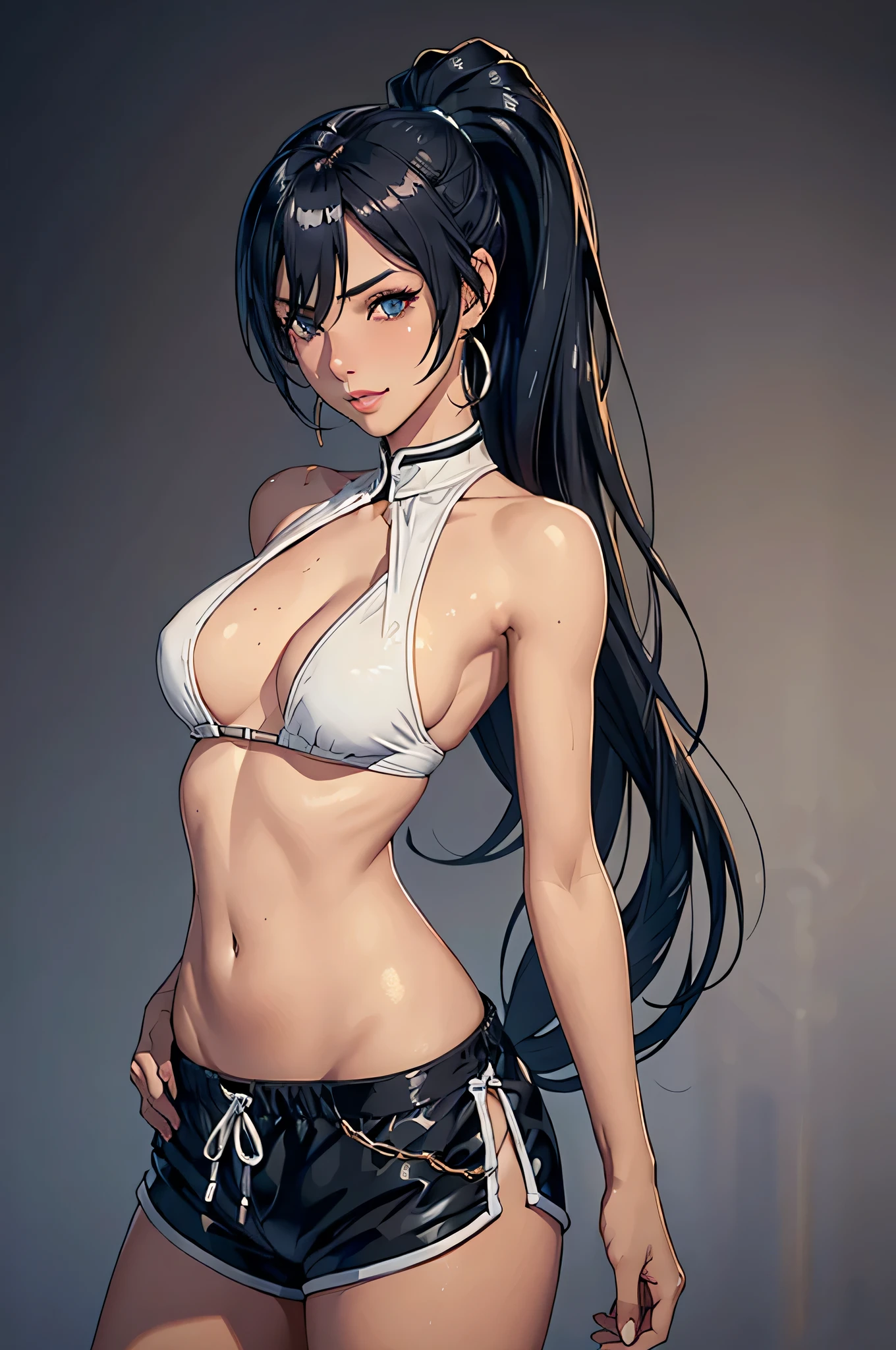 1girl,a beautiful fashion model ,(masterpiece, detailed background, best quality), elegant makeup, hoop earrings, seductive smile, oral invitation, ear blush, full blush, 8k, super detail, ccurate, best quality, award winning, best quality, 1080P, 4K, textured skin, slutty outfit, abs, ((tan skin, shiny skin)), akali, long black hair, long ponytail, hair between eyes, blue eyes, girl wearing bikini top and shorts, visible thong straps slender, athletic, slim, big , smokey eyes