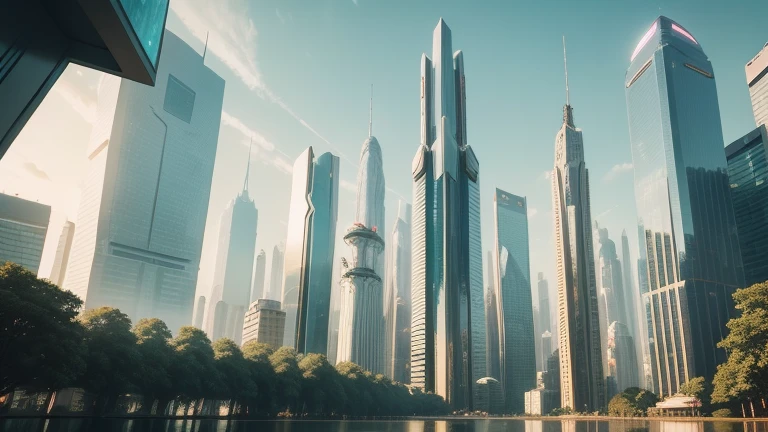 A futuristic cityscape, with towering skyscrapers that curve and twist in graceful lines. The buildings are made of a variety of materials, including glass, steel, and concrete. They are covered in lush greenery, with trees and plants growing on their sides and rooftops. The city is bathed in a warm, golden light, and the sky is a clear blue.