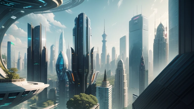 A futuristic cityscape, with towering skyscrapers that curve and twist in graceful lines. The buildings are made of a variety of materials, including glass, steel, and concrete. They are covered in lush greenery, with trees and plants growing on their sides and rooftops. The city is bathed in a warm, golden light, and the sky is a clear blue.