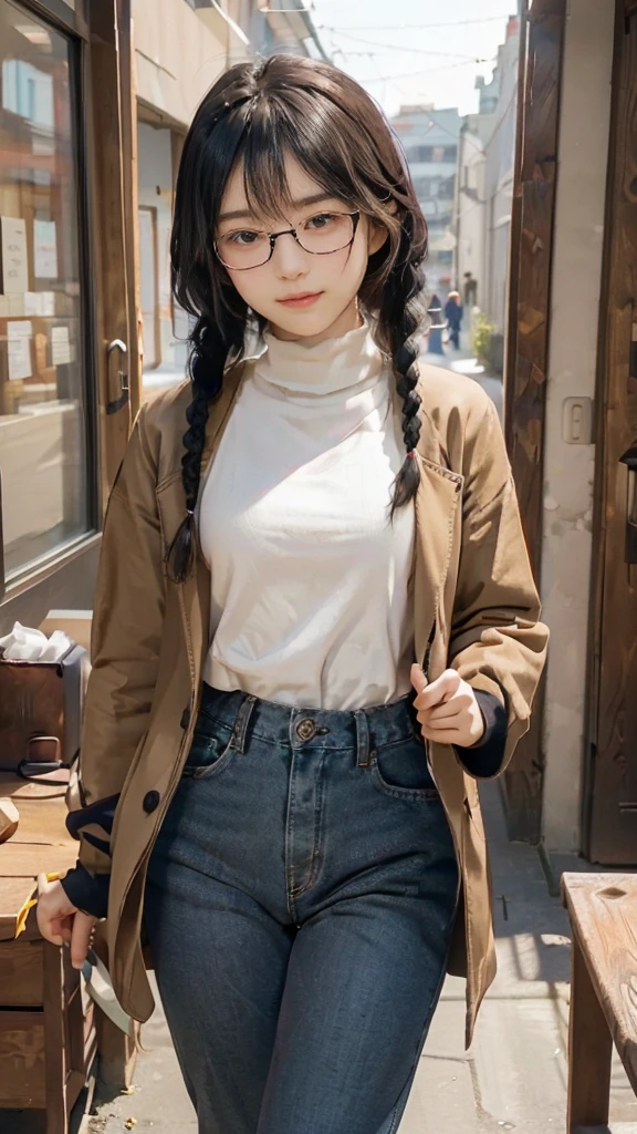 masterpiece, highest quality, one woman, Japanese people in their 20s, (black hair, very short hair, two braids, curly hair), (symmetrical beauty, small face, sharp outline, thick eyebrows, dark eyebrows, realistic eyes, double eyelid, droopy eyes, small nose, thick lips), (smile, shy smile, open your mouth and laugh), (glasses, 縁が薄いglasses, 小さいglasses, レンズが小さいglasses, square lens), (wheat-colored skin, realistic skin texture, I cup breasts, Slightly plump body type), (jacket:long beige coat, inside:long black turtleneck sweater, pants:dark blue long jeans, brown boots), (Are standing, Show the whole body, Even the shoes are shown), The background is an office district, (face directly toward the camera, looking directly at the viewer, looking at the camera, The whole body is facing towards the viewer., whole body facing towards the camera, face looks straight into the camera).