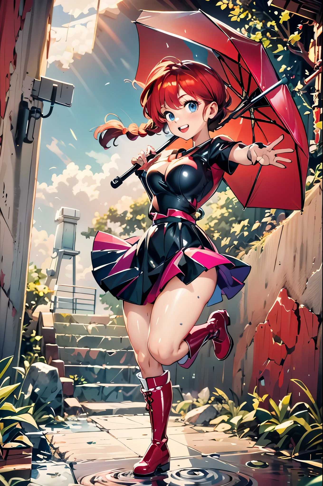 redhead anime girl in pink boots holding an umbrella, big breasts, beautiful breasts, red latex top, black latex skirt, anime style, beautiful lighting, daylight, big breasts, beautiful breasts, sexy anime girl, good lighting environment, whole body