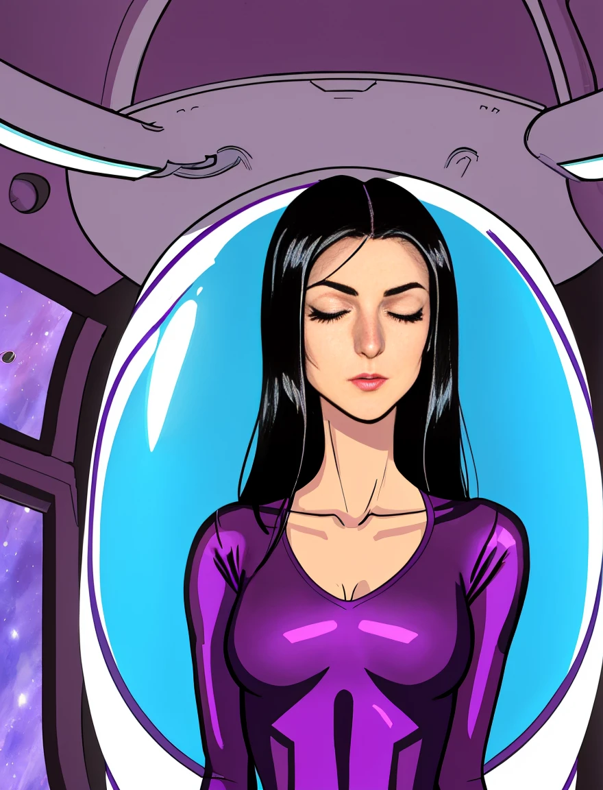 ( pulp cartoon style) anorexic woman, she has a long neck, she has long black hair.mature. she wears a purple v-neck skin tight body suit. She  inside a stasis pod capsule in space. She  asleep with her eyes closed. Her mouth is ooen 