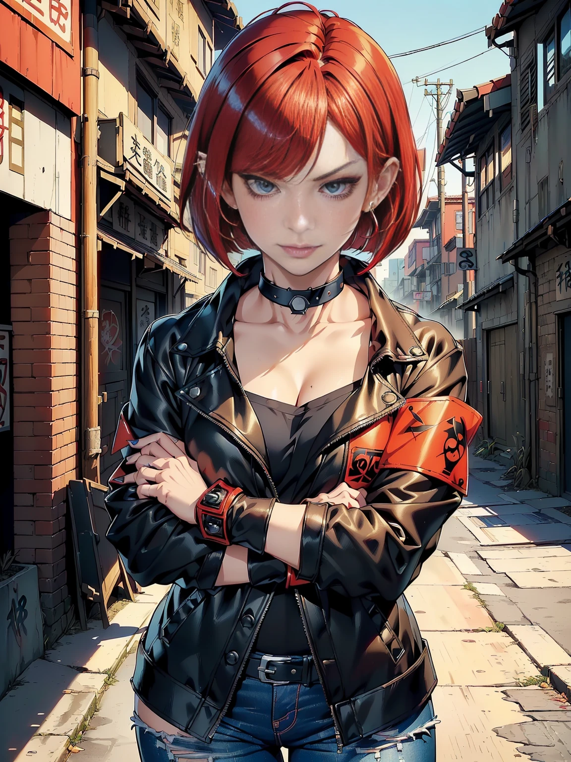 in the art style of persona5 and in the art style of street of rage 4, delinquent, (sukeban), mature_female, blush, mature, older woman, 25 years old, Sukeban teacher outfit, ((((1girl, solo female, solo, solo focus:1,9)))++++, choker, sukeban teacher, sukeban fighter, long_sleeves, open jacket, blue jacket,( jean)+++, light skin tone female, (full body)+++++, jacket, biker jacket, tape, arm_support, gloves, red_gloves, bridal gauntlets, nail polish, boots, black_footwear, fighter outfit, (full body)+++++++, hourglass, mature face, cheeky smile, cheeky face, wrinkles, (((((red hair, short hair, bob cut, earrings, ear piercings)))), red eyeighting art, Martial arts, standing, fighting_stance, fight, fighting), extra colors, 2D, megapixel, perfectionism, accent lighting, full HD , (Masterpiece:1.2), (full-body-shot:1),(cowboy shot:1.2), (Highly detailed:1.2),(anime Detailed Face:1.2), Colorful, A detailed eye, (Detailed landscape:1.2), (natural lighting:1.2), ((sukeban school teacher)) by Vincent Di Fate: Aidyllery, Anamorphic Shot, rule of thirds, face by Artgerm and WLOP, ((street of rage 4 city backround)), fictive city backround in the style art of street of rage 4,
