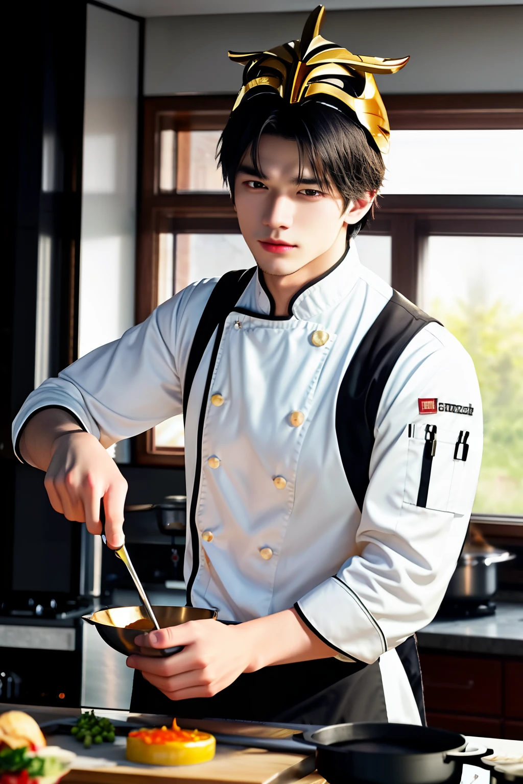 Photo of chef cooking in flameless kitchen, wears golden spartan helmet in xing xing star art group style, hyper realistic but romantic, he jiaying, handsome, gray and amber, heroic, smooth and shiny, 32K, best quality, artwork, super detail, high details, photography