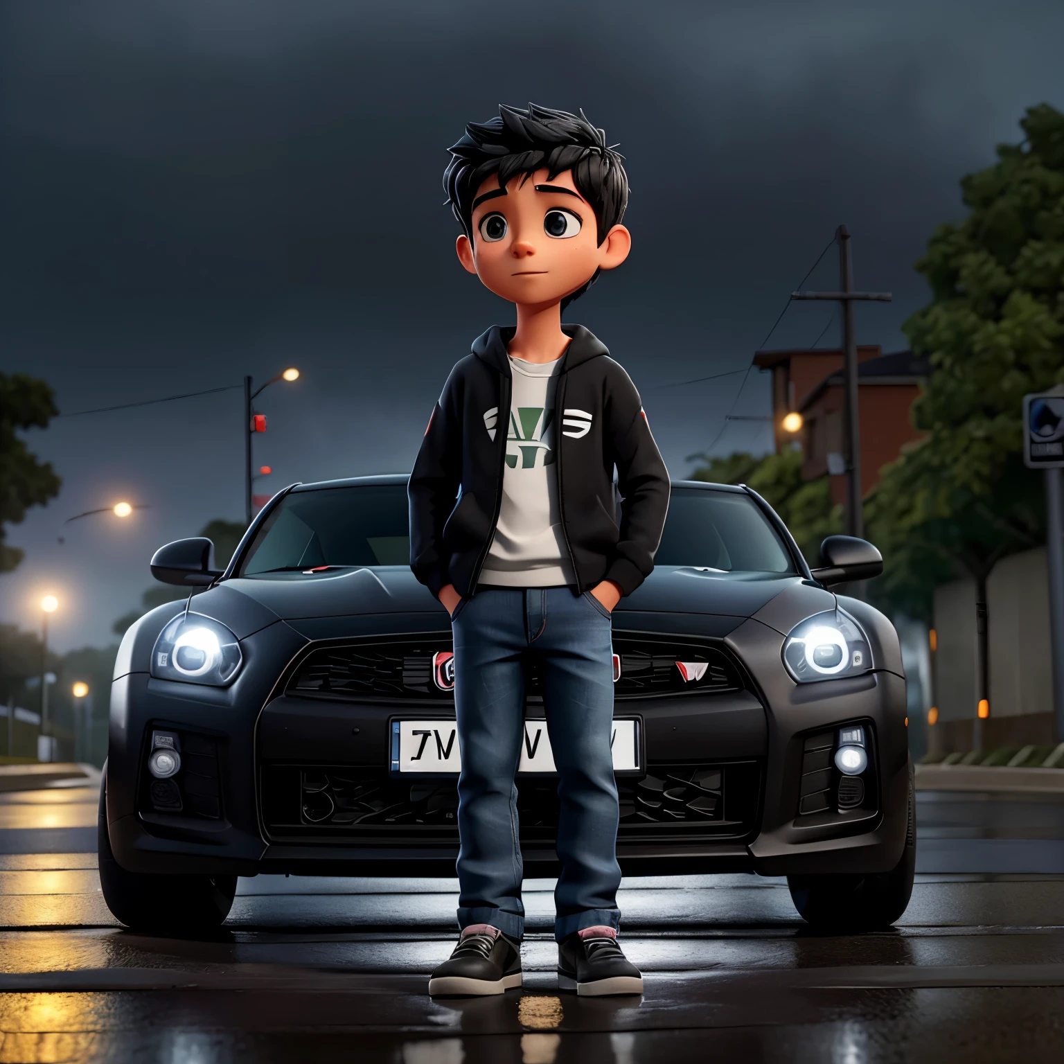 Descreva a cena de um jovem com capuz, wearing a black sweatshirt and jeans, standing on the sidewalk on a rainy night. He is looking at a shiny GTR R35 car passing on the road., Your admiration visible in your eyes. The light from the headlights reflects on the puddles of water around you, enquanto a chuva cai suavemente sobre ele. O som do motor potente ecoa no ar, misturando-se ao som da chuva. The boy remains motionless, captured by the elegance and speed of the car, dreaming of the day when you can be behind the wheel of such an impressive machine.