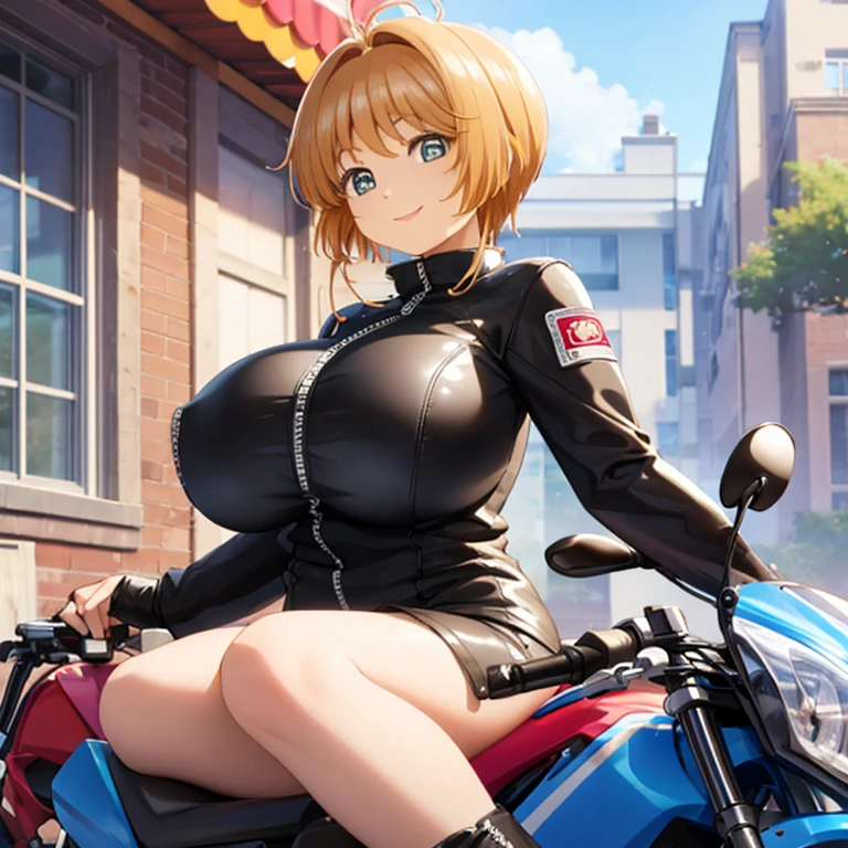 masterpiece, best quality, ultra high res, ultra-detailed, in downtown alley, night, sakura kinomoto, (gigantic tits: 1.6), (dense pubic hair: 1.4), (wearing a black leather biker zippered bodysuit without underwear and a pair of black leather boots: 1.4), lewd face, ahegao, (she sit with her legs spread wide on a white sport motorbike and smiling mischevously at the viewer: 1.6), sweating