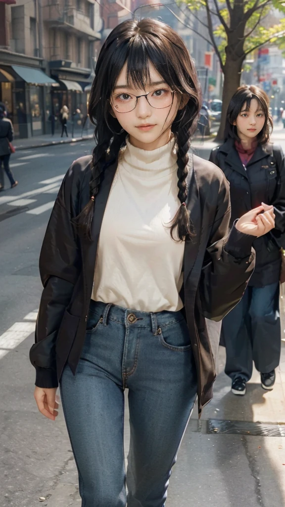 masterpiece, highest quality, one woman, Japanese people in their 20s, (black hair, very short hair, two braids, curly hair), (symmetrical beauty, small face, sharp outline, thick eyebrows, dark eyebrows, realistic eyes, double eyelid, droopy eyes, small nose, thick lips), (smile, shy smile, open your mouth and laugh), (glasses, 縁が薄いglasses, 小さいglasses, レンズが小さいglasses, square lens), (wheat-colored skin, realistic skin texture, I cup breasts, Slightly plump body type), (jacket:long beige coat, inside:long black turtleneck sweater, pants:dark blue long jeans, brown boots), (Are standing, Show the whole body, Even the shoes are shown), The background is an office district, (face directly toward the camera, looking directly at the viewer, looking at the camera, The whole body is facing towards the viewer., whole body facing towards the camera, face looks straight into the camera).