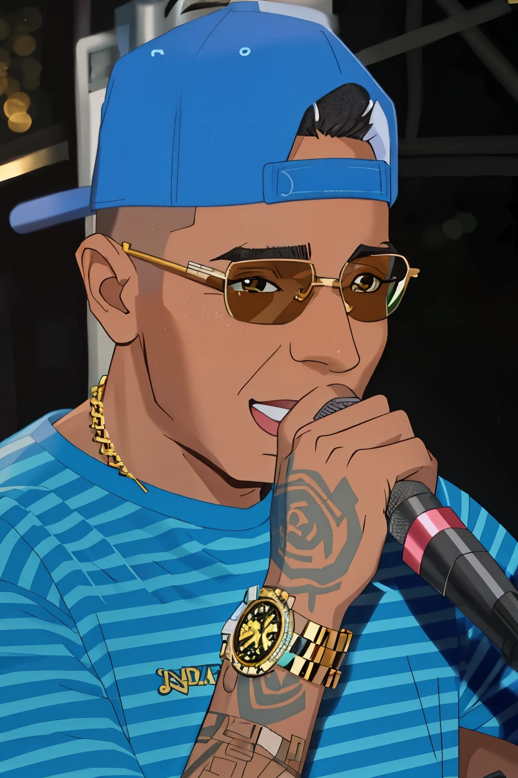 a close-up of a person with a microphone and a hat, bad buno, joias rapper, rapper jewelry, Dr. Zeus, rapper, demobaza, rap, inspirado em Randy Vargas, iluminado de lado, rap bling, o, rap into microphone, altamente estilizado, Marechal Mathers, por do sol, cool appearance, deiv calviz, night setting